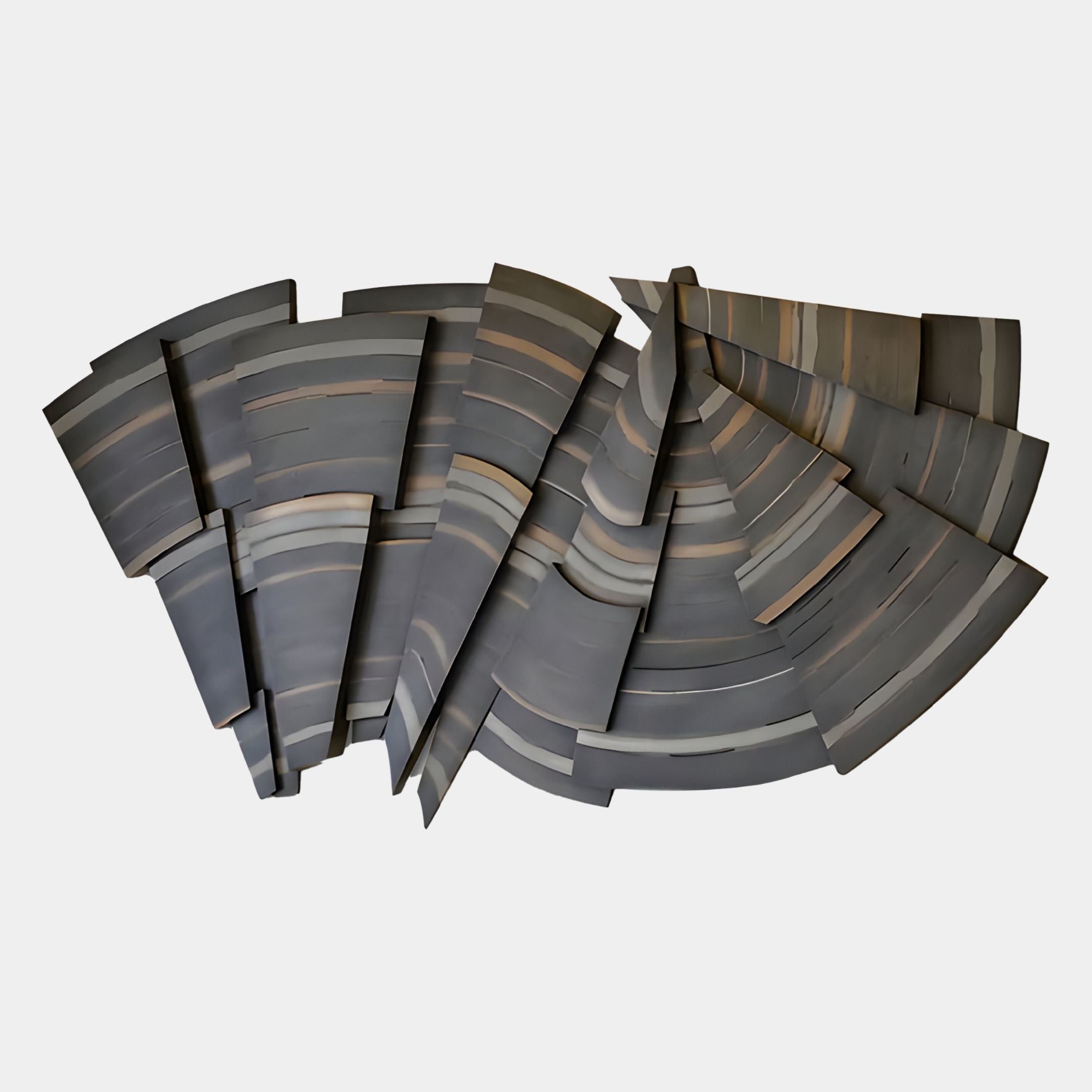 The Stratava Arcstone Layered Wood Carving 3D Wall Art by Giant Sculptures showcases overlapping gray and brown fan-shaped segments, creating dynamic, sophisticated architectural wall decor for any space.