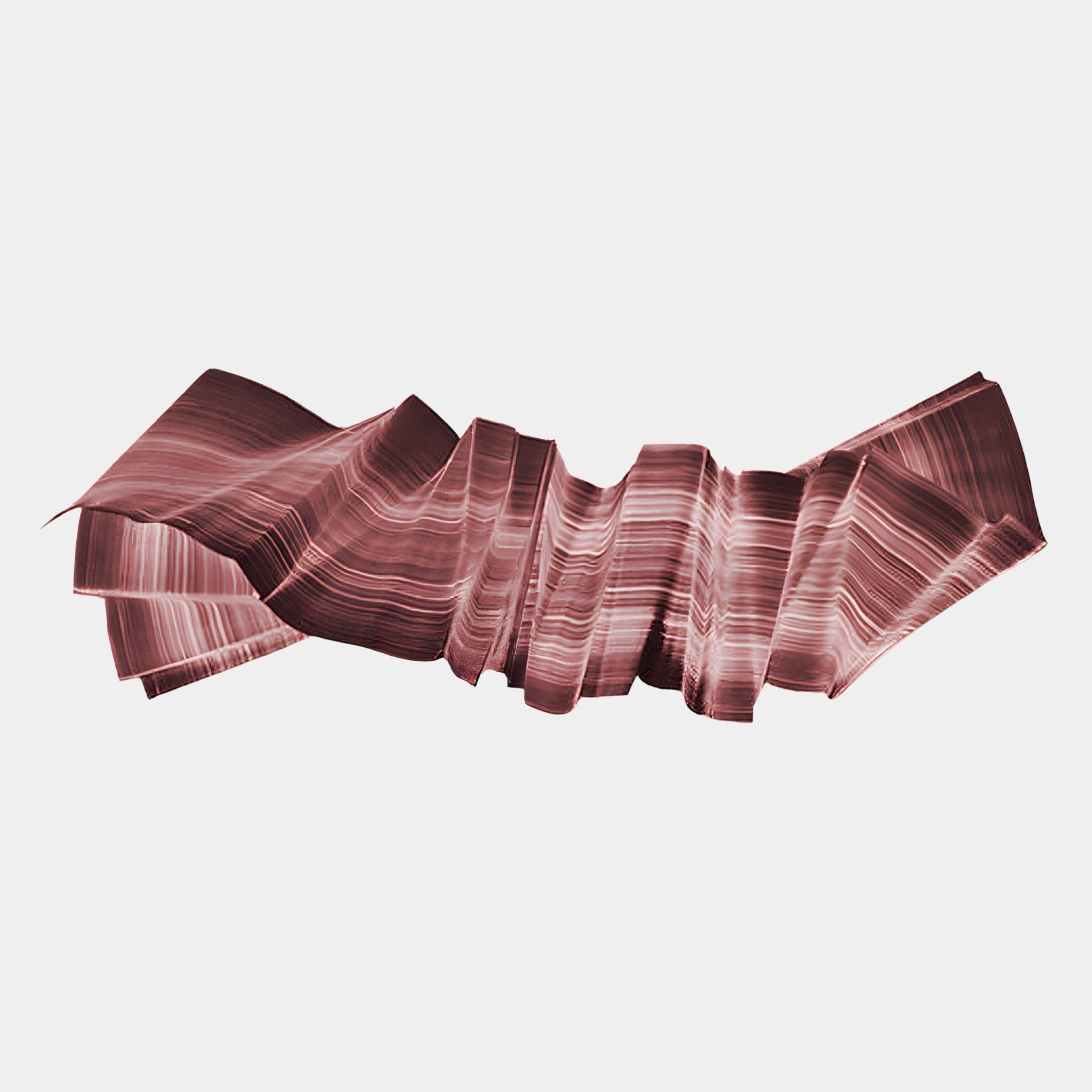 The Vellun Wave Clay Rouge Sculptural 3D Wall Art by Giant Sculptures features a folded, ribbon-like form with maroon and pink stripes on a white background, creating striking contemporary decor for modern spaces.