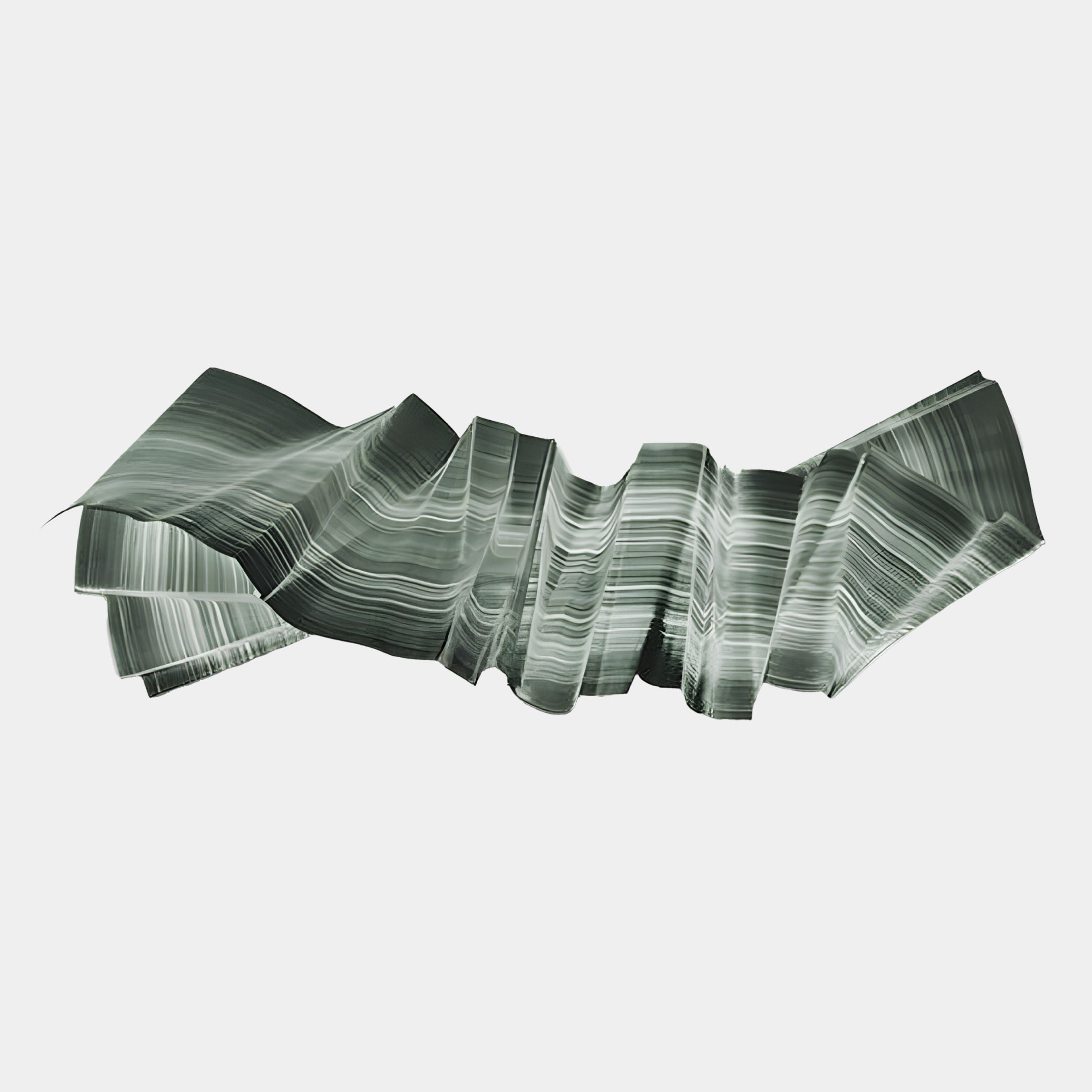 The Vellun Wave Sage Flow Sculptural 3D Wall Art by Giant Sculptures features abstract ribbon-like forms with smooth gray and white stripes, set on a light background—ideal as modern sculptural wall art.
