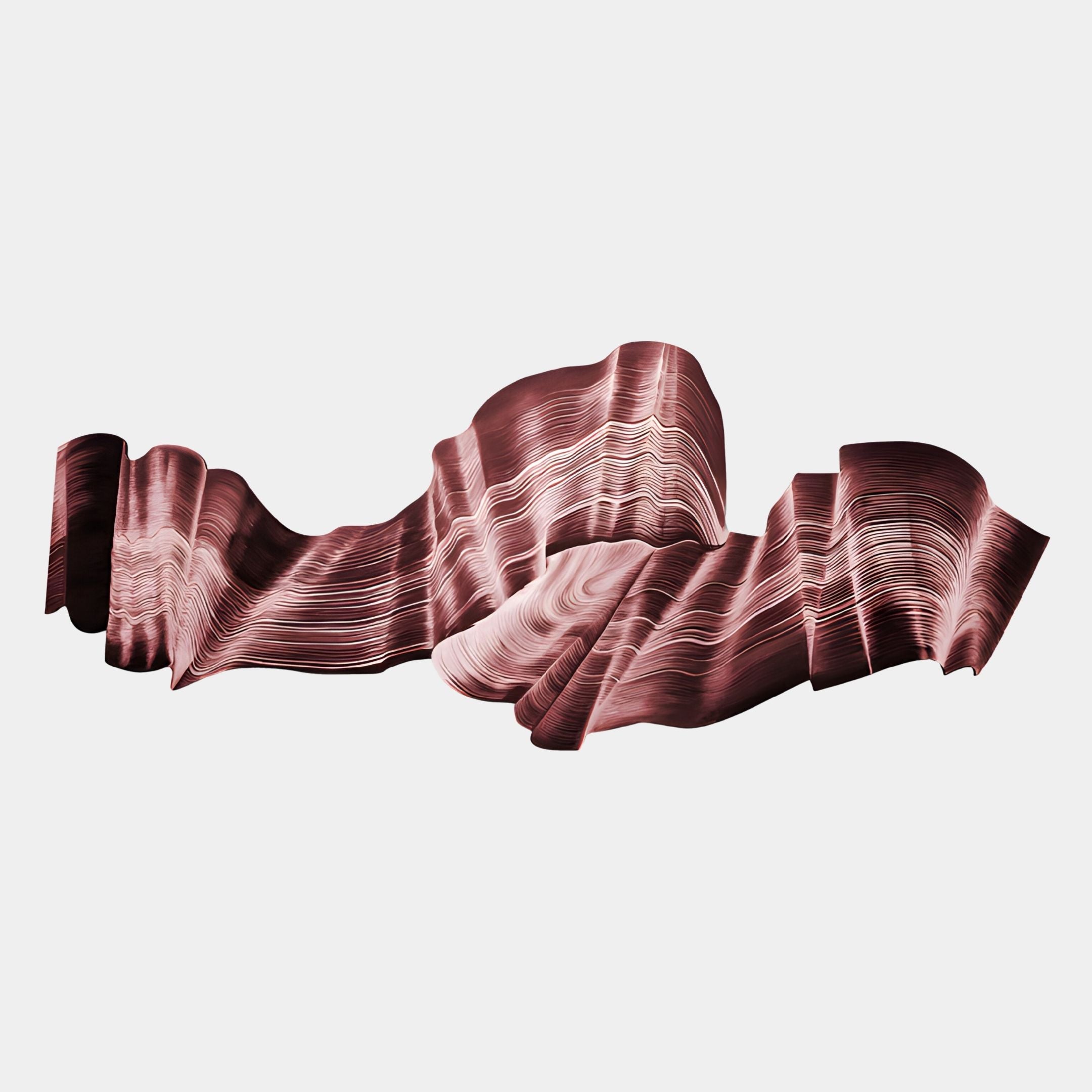 Vellun Wave Rosewood Sculptural 3D Wall Art by Giant Sculptures features layered maroon and pink wave forms on white, evoking flowing fabric—ideal as hand-painted rosewood decor for modern spaces.