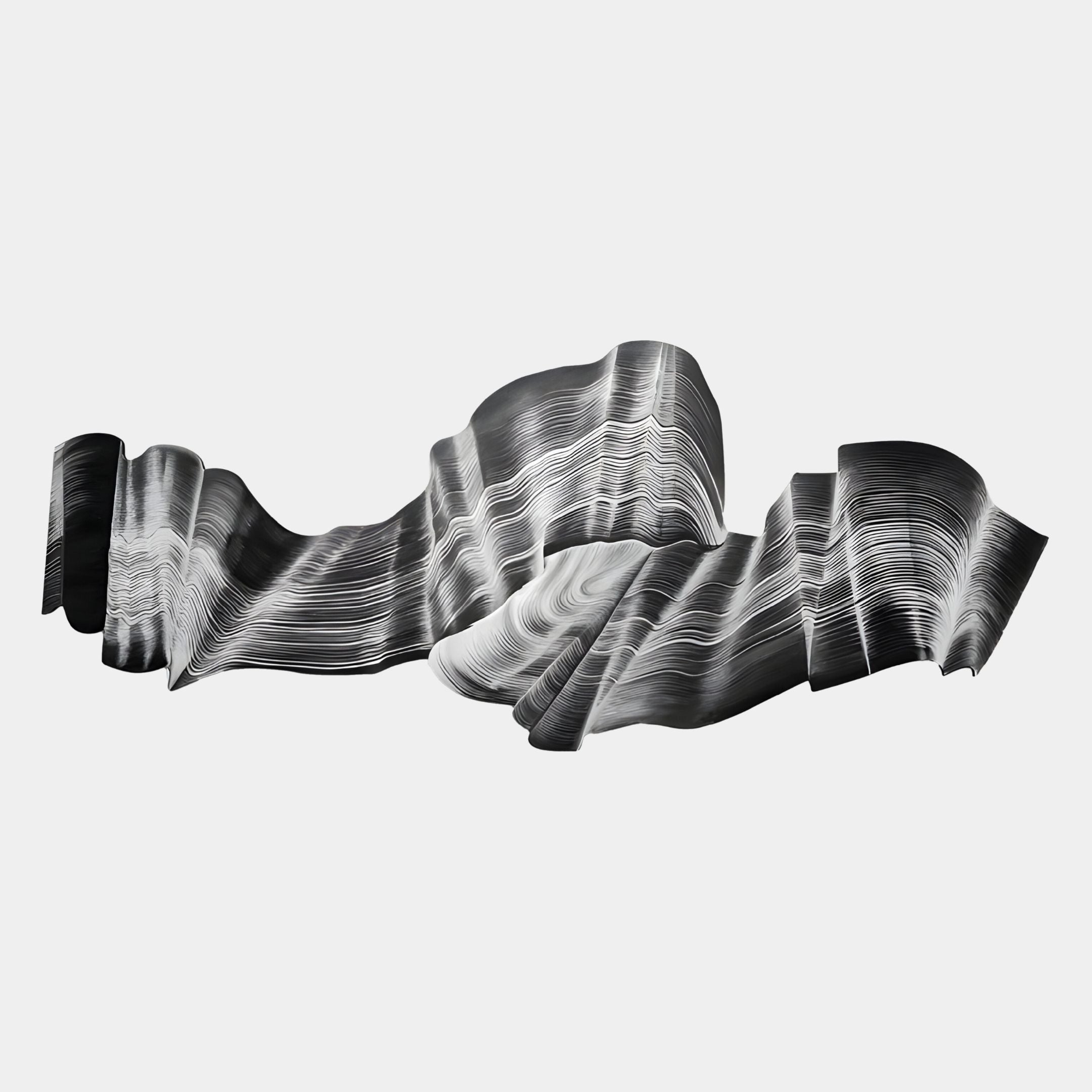 The Vellun Wave Charcoal Grey Sculptural 3D Wall Art by Giant Sculptures features modern, undulating lines in a ribbon-like form on a white background—perfect minimalist decor for contemporary spaces.