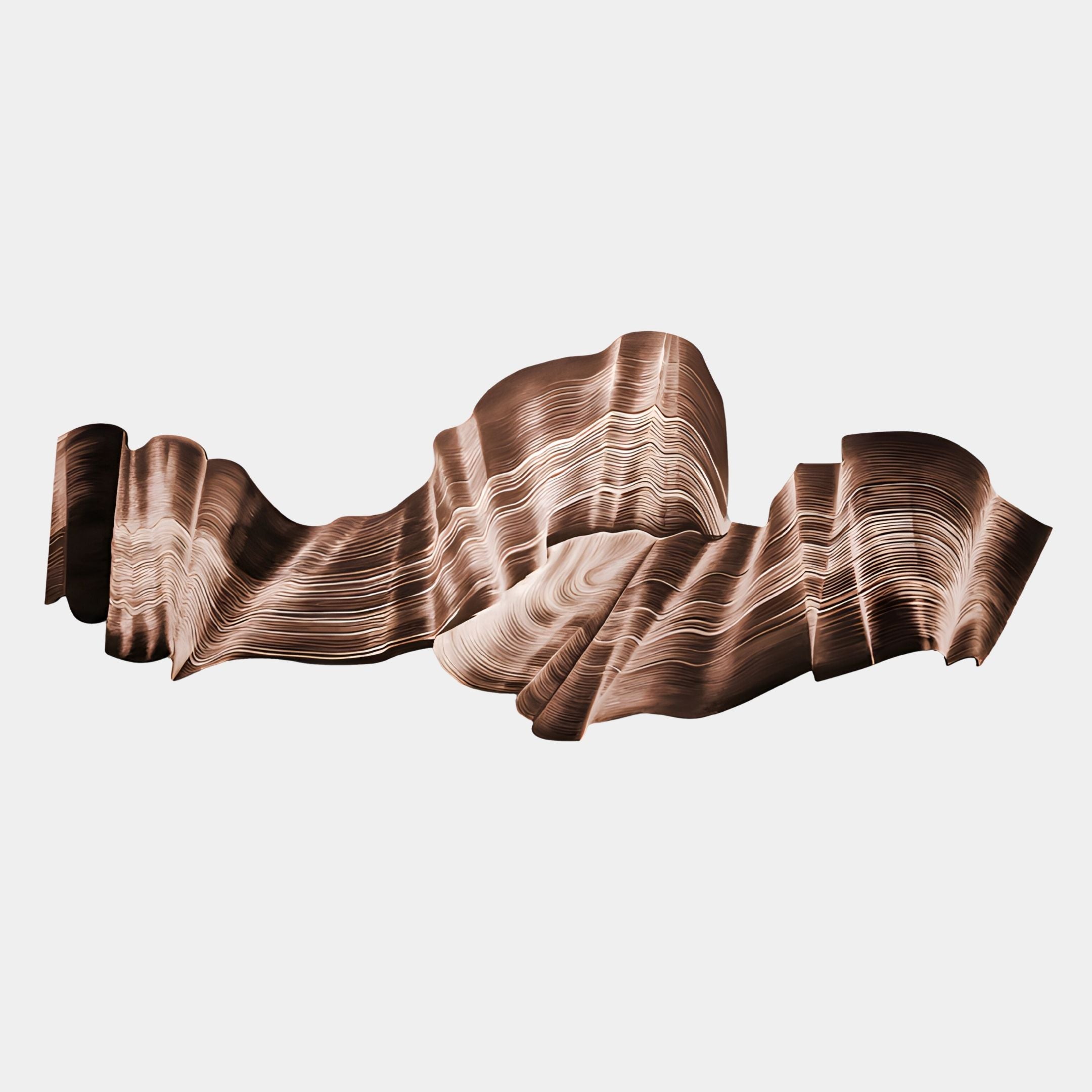 The Vellun Wave Bronze Drift Sculptural 3D Wall Art by Giant Sculptures features abstract wavy, layered brown and beige lines reminiscent of wood grain or folded paper, set against a plain white background.