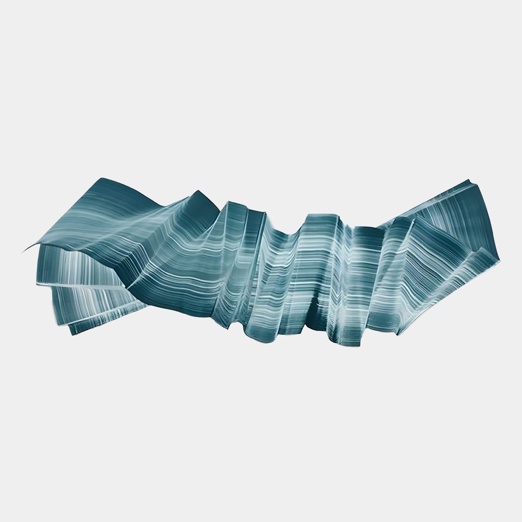 The Vellun Wave Aqua Frost Sculptural 3D Wall Art by Giant Sculptures features an abstract, ribbon-like form with wavy blue and white stripes on a white background, ideal for modern wall decor.
