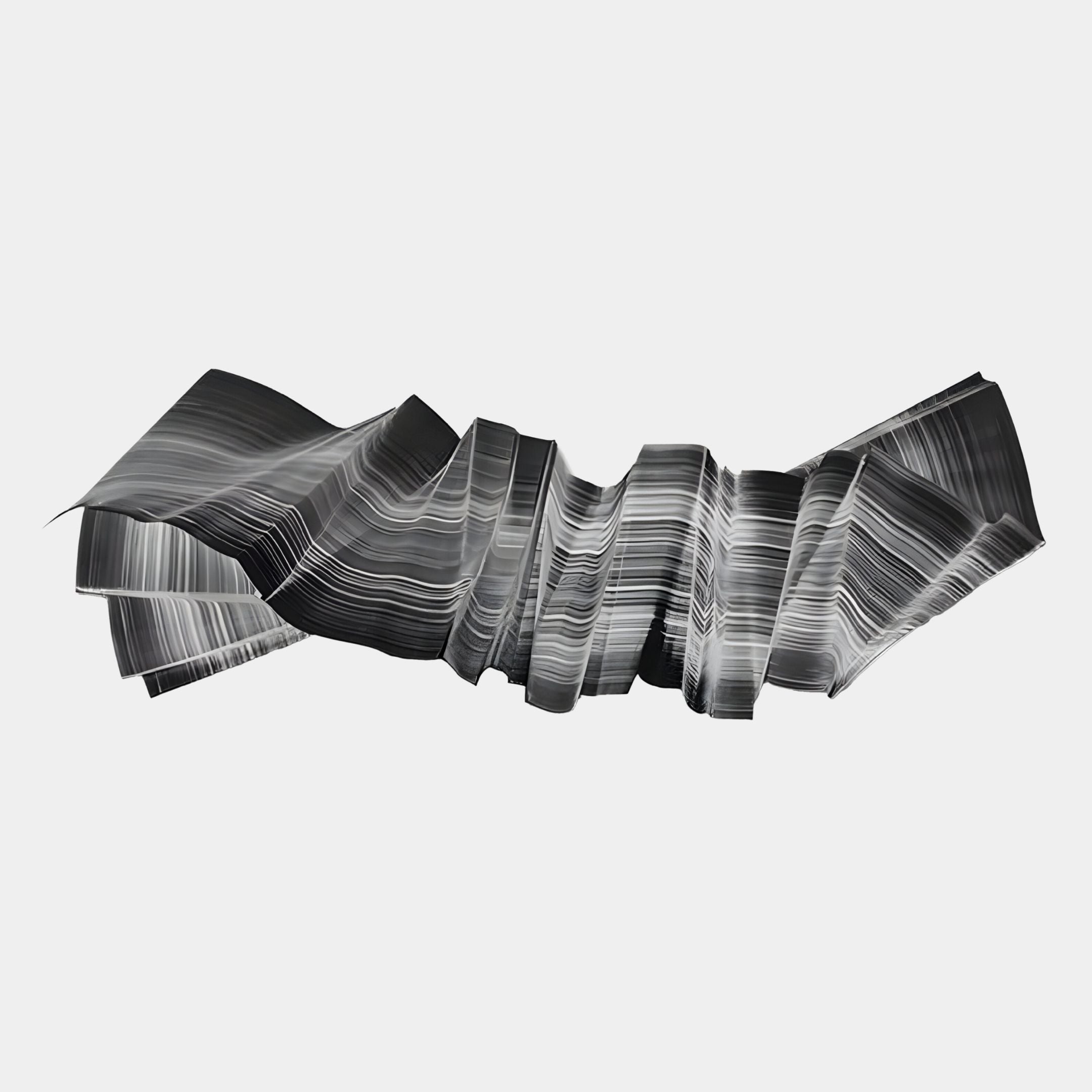 The Vellun Wave Graphite Flow Sculptural 3D Wall Art by Giant Sculptures features a folded, ribbon-like abstract form with layered black and white lines, twisting horizontally on a light gray background.