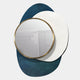 The Solistra Azure I Layered Round Mirror 3D Wall Art by Giant Sculptures features a gold-framed round mirror on overlapping white and dark blue ovals, creating a modern layered look with subtle reflections.