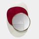 The Solistra Crimson III Layered Round Mirror 3D Wall Art by Giant Sculptures features an abstract gold-framed round mirror overlapping a cream oval and a bold red organic shape, with a soft cabinet reflection visible in the glass.