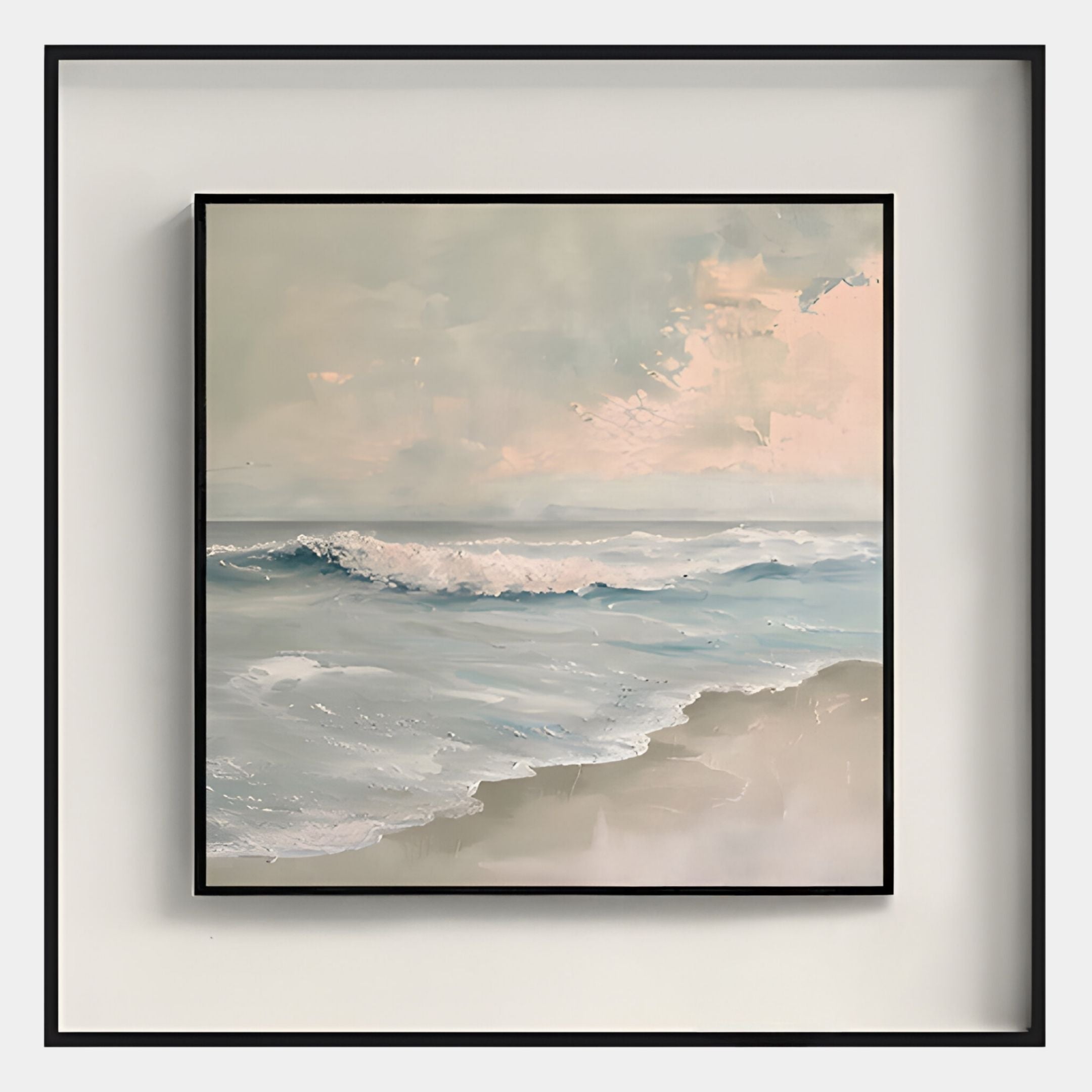 The Tidalume III Soft Dawn Shoreline Double Framed Wall Art by Giant Sculptures features a tranquil seascape with gentle waves and a pastel sky, beautifully displayed in a sleek black double frame.