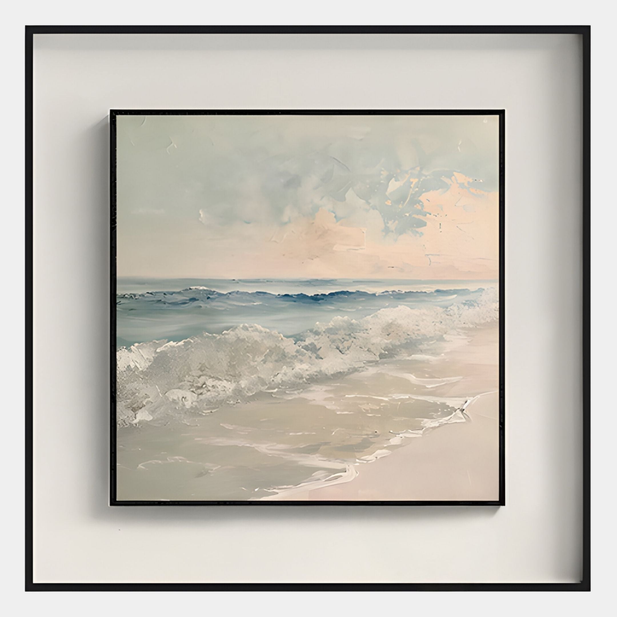 The Tidalume IV Soft Dawn Shoreline Double Framed Wall Art by Giant Sculptures features gentle ocean waves and a pastel sky, bringing calm, minimalist style to any space—perfect for serene, modern decor.
