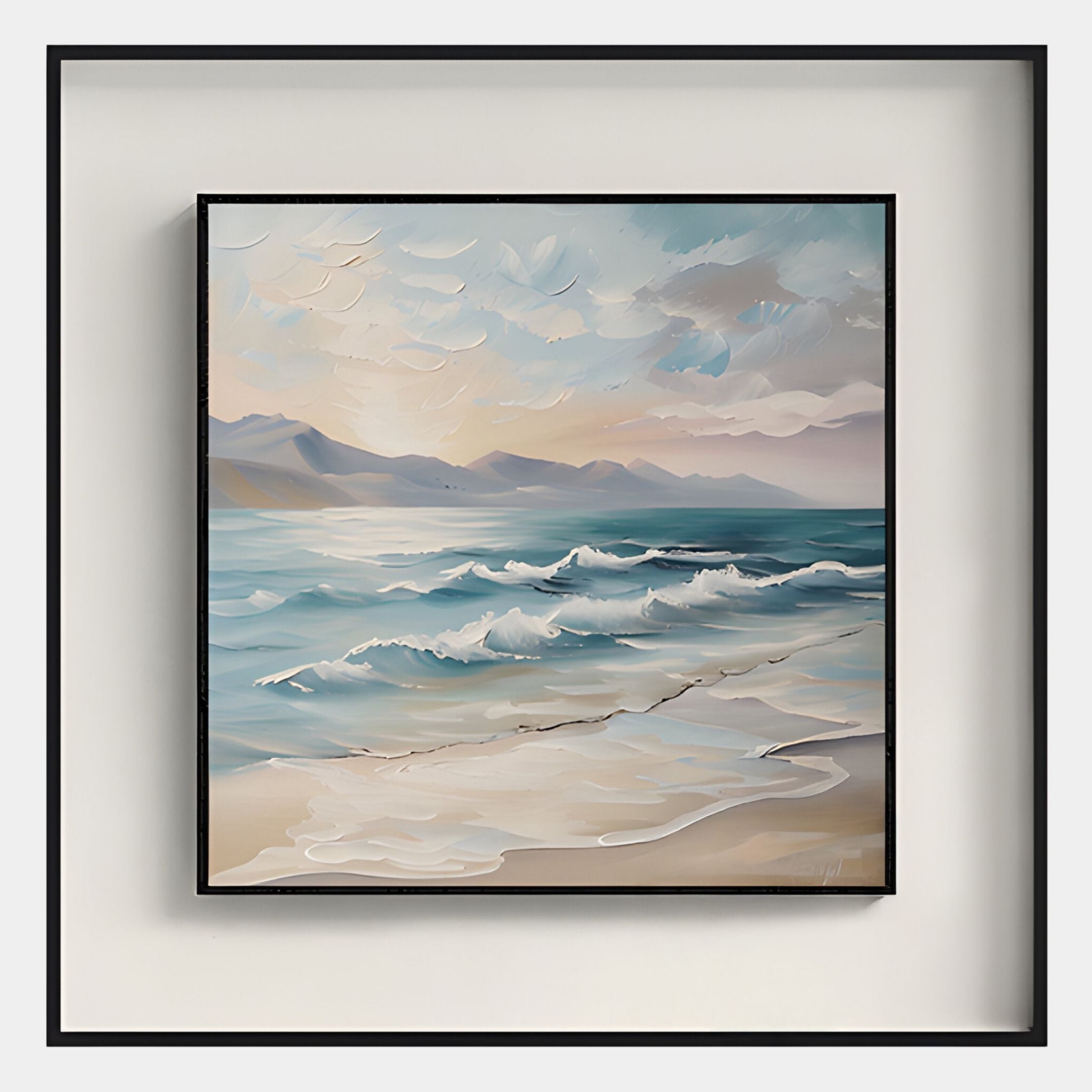 The Marilline II Calm Coastal View Double Framed Wall Art by Giant Sculptures showcases a serene seashore with gentle waves and distant mountains, making it perfect coastal wall art for adding tranquility to any space.