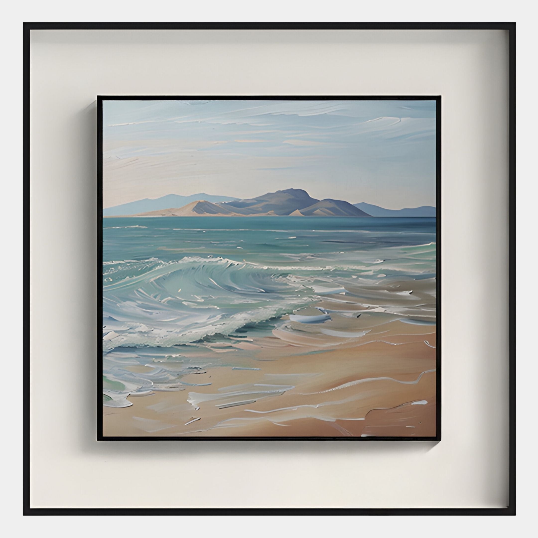 The Marilline IV Calm Coastal View Double Framed Wall Art by Giant Sculptures features a serene beach scene with gentle waves, sandy shore, distant mountains, and a calm blue sky.