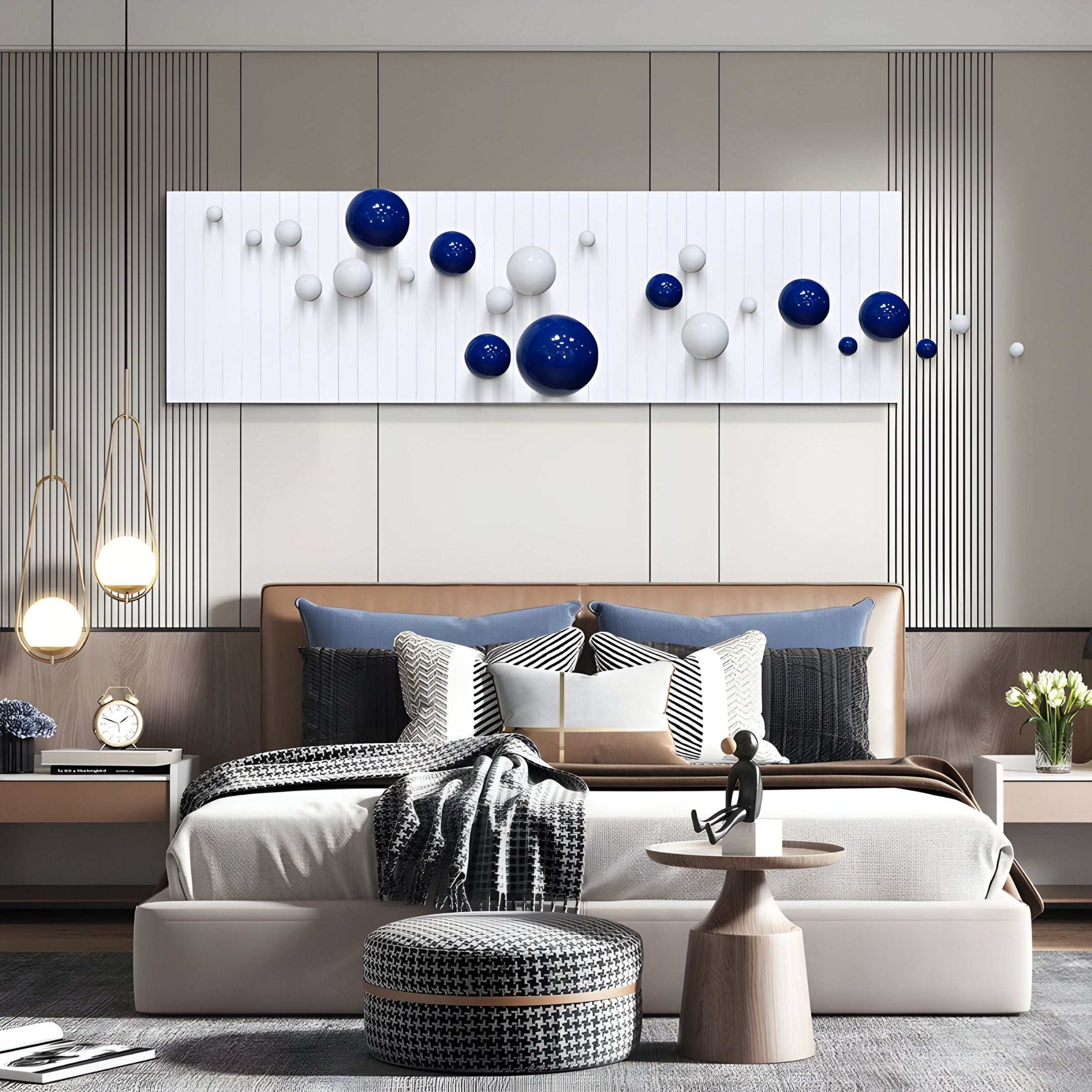 Modern bedroom with a tan bed, houndstooth ottoman, and geometric pillows. Above the bed, Giant Sculptures' Orbivance Blue & White Sphere Panel 3D Wall Art stands out. Pendant lights and lush plants complete the fresh decor.
