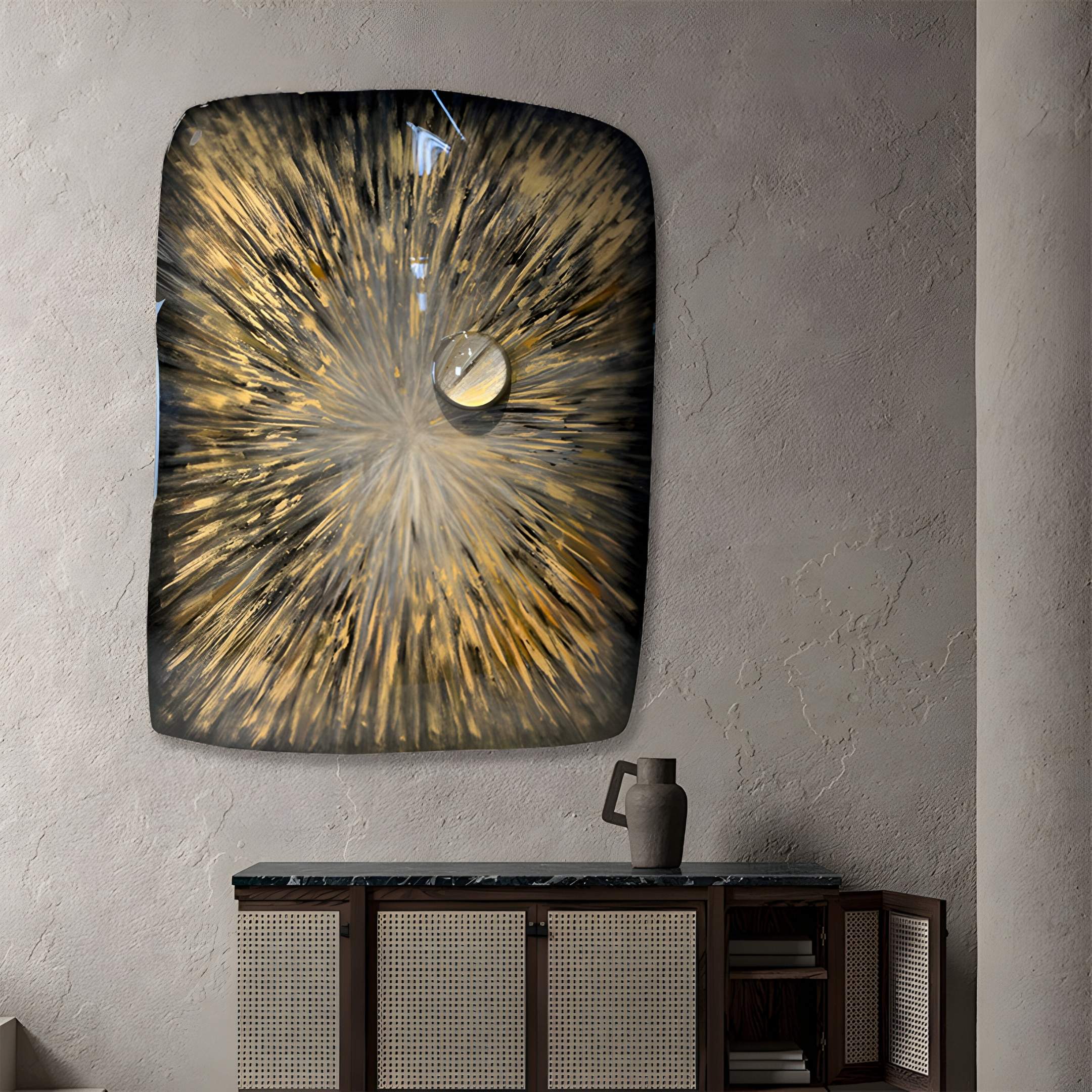 The Solarien Aureate Burst Sculptural 3D Wall Art by Giant Sculptures, featuring gold and silver radial bursts with a circular accent, hangs on a beige wall above a rattan-paneled cabinet topped with a ceramic pitcher.