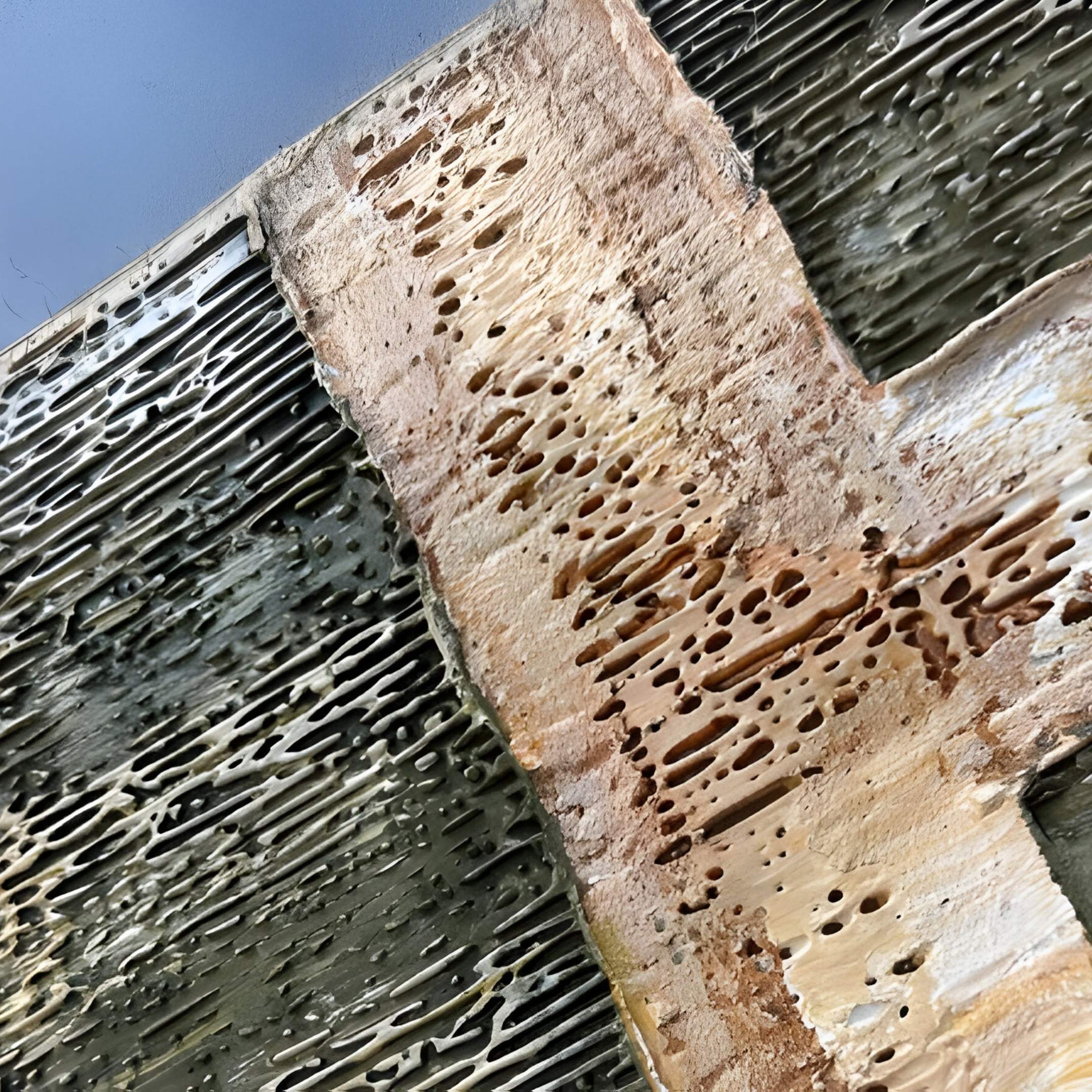 Close-up of two textured, weathered wooden planks in beige, brown, and dark green—featured in Giant Sculptures' Terralume Rustic Olive & Sand Textured Framed Wall Art, perfect for adding a natural touch to your space.