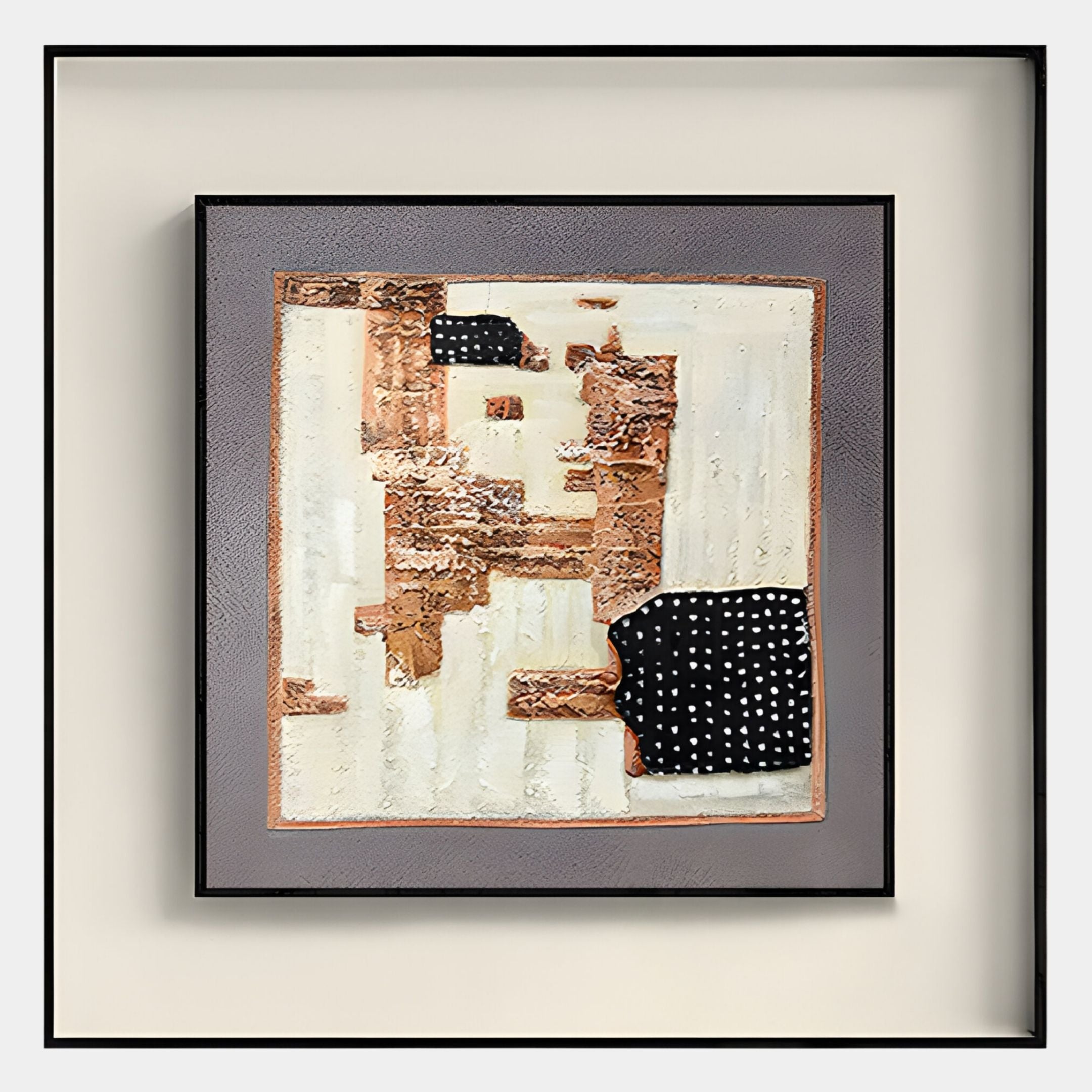 Terralume Mixed Abstract Textured Framed Wall Art by Giant Sculptures features copper and white blocks with black dotted sections, set in a gray frame and light background—ideal for adding modern style to your space.