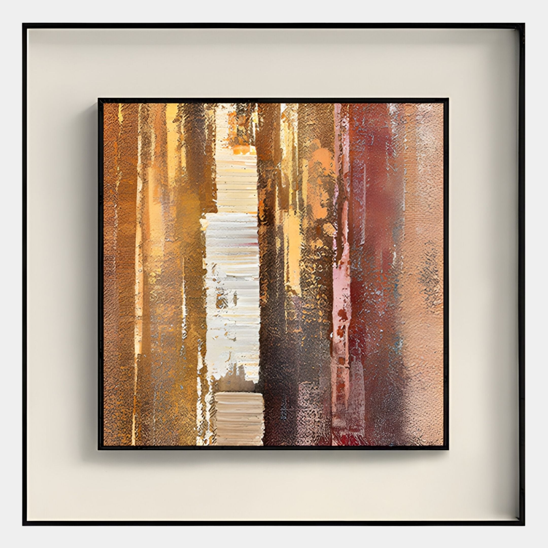 The Terralume Amber Rust Abstract Textured Framed Wall Art by Giant Sculptures features vertical brushstrokes in warm brown, gold, orange, and red tones with a central light beige stripe and a richly textured surface.