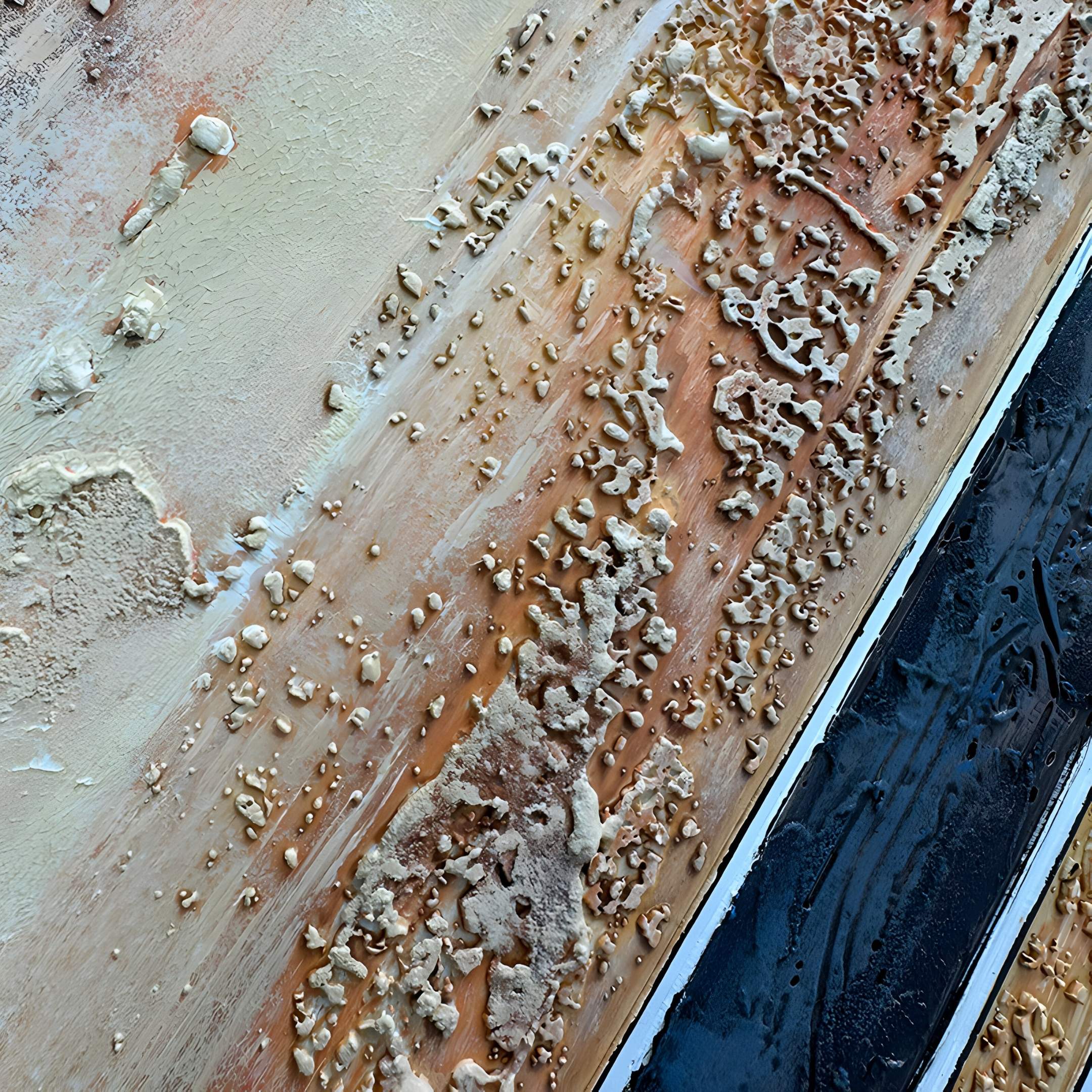 Close-up of weathered, peeling paint in beige, orange, and black, resembling the linear patterns and abstract texture of Giant Sculptures’ Terralume Sand & Indigo Linear Textured Framed Wall Art.