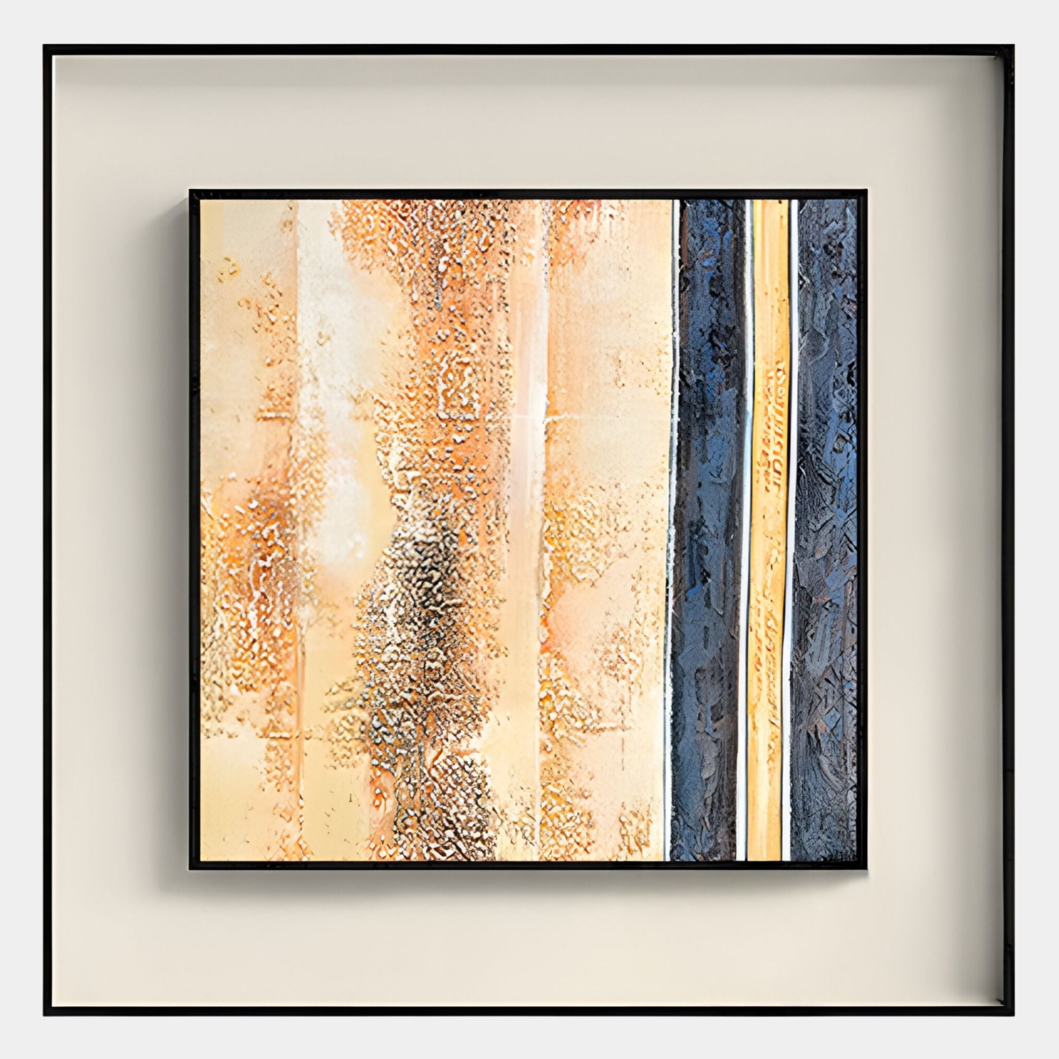 The Terralume Sand & Indigo Linear Textured Framed Wall Art by Giant Sculptures features abstract vertical stripes in beige, orange, and blue tones, set against a recessed background with rough and smooth textures, framed in a sleek black border.