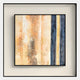 The Terralume Sand & Indigo Linear Textured Framed Wall Art by Giant Sculptures features abstract vertical stripes in beige, orange, and blue tones, set against a recessed background with rough and smooth textures, framed in a sleek black border.