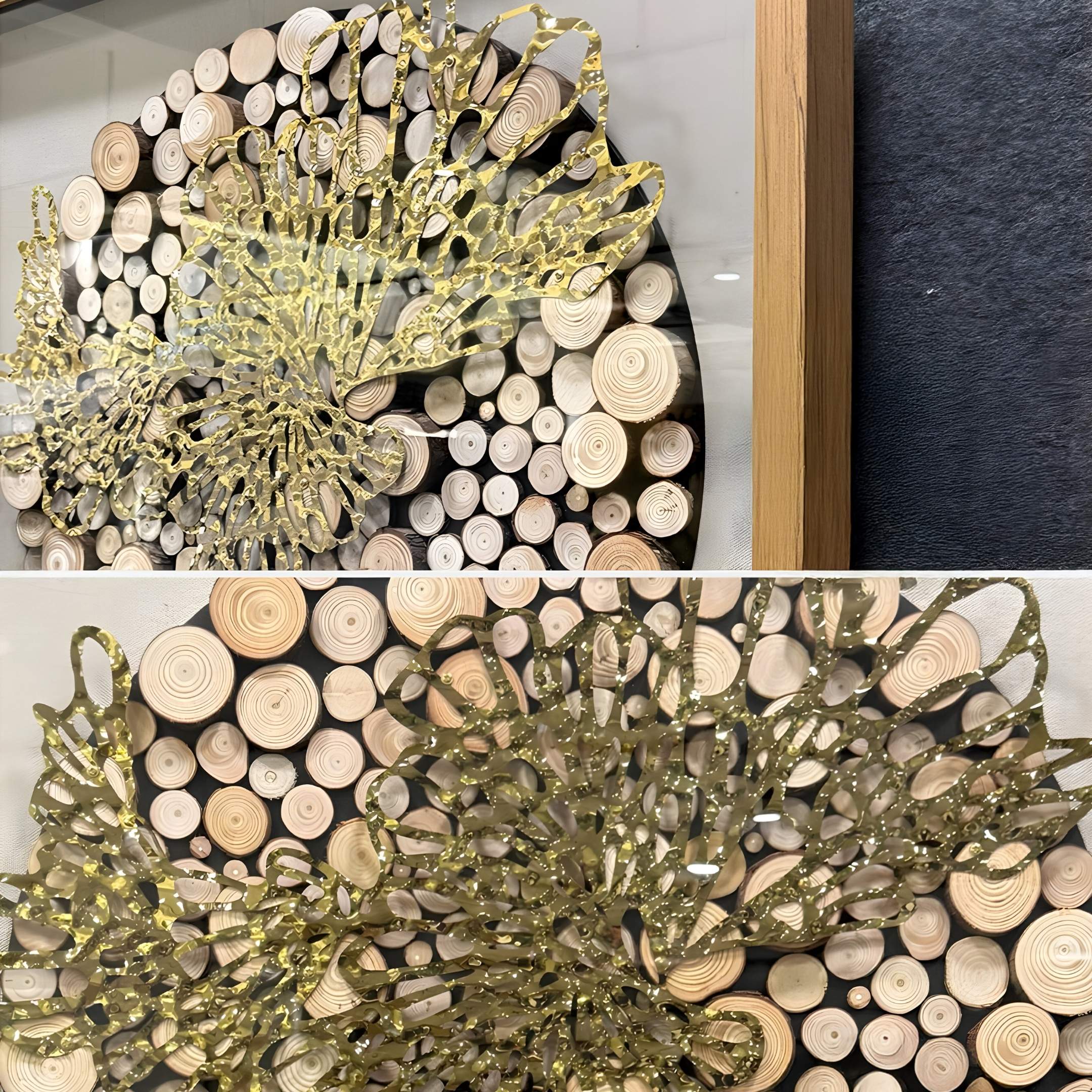 Close-up of Giant Sculptures’ Arborique Radiant Bloom Gold Steel & Wood 3D Wall Art, featuring cut wooden discs in a circular pattern, abstract gold steel accents, and a wood frame displayed against a dark wall.