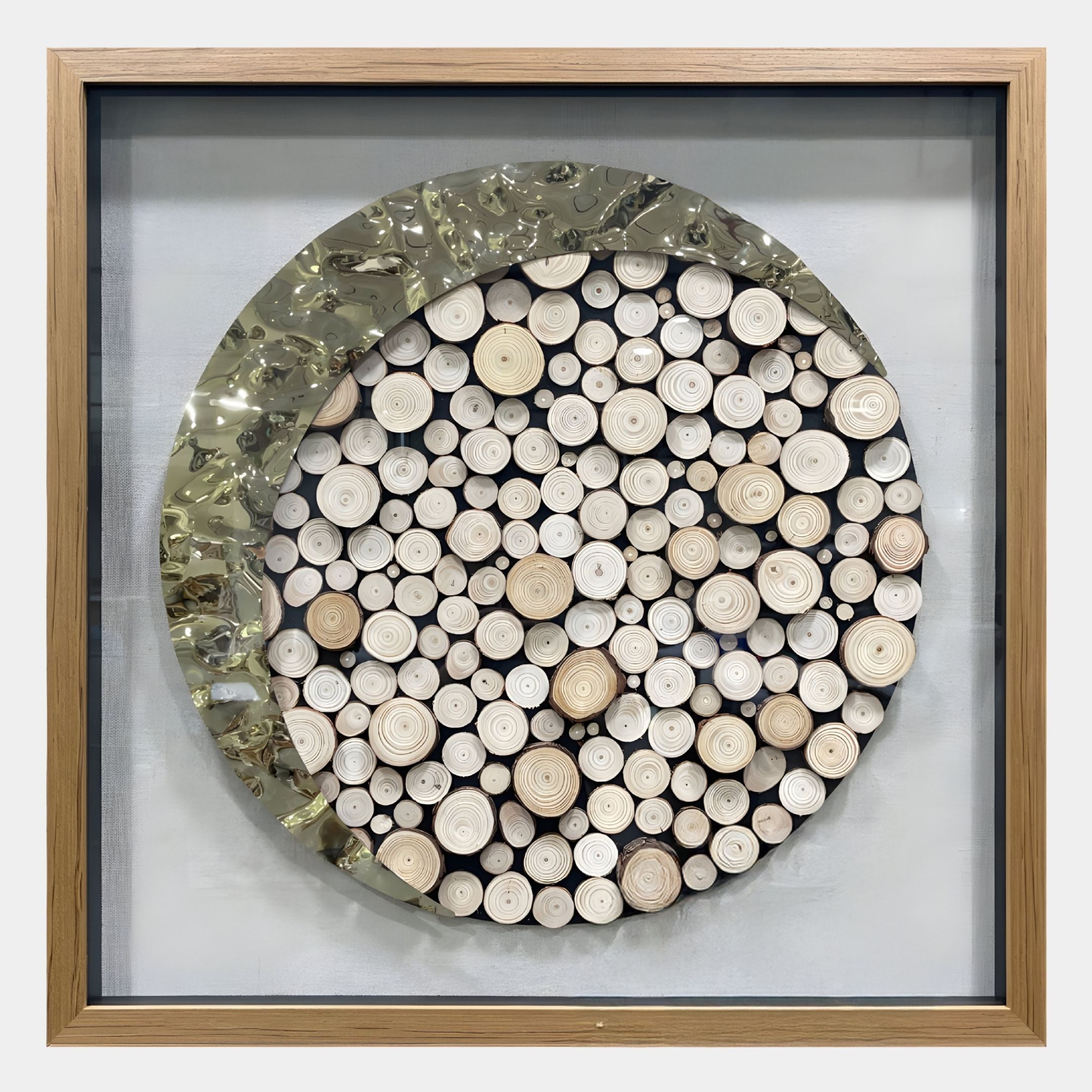 The Arborique Golden Crest Steel & Wood Slice 3D Wall Art by Giant Sculptures features a striking circular log arrangement with a golden accent—an eye-catching, modern piece perfect for adding dimension to any contemporary space.