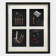 Cavendrix I Gentleman Cigar Set Curated Framed Wall Art by Giant Sculptures features six sections displaying cigars, pipes, cutter, flask, and lighter—all set against a sleek black background.