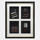 The Cavendrix II Gentleman Cigar Set Curated Framed Wall Art by Giant Sculptures displays cigars, cutters, pipes, and more on a black background with a white mat and Italian-style wood frame.