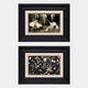 The Kansora Woodland & Floral Nature 2-Set Framed Wall Art by Giant Sculptures features one print with white cranes among trees and another with pale blooms on a dark background, both in black frames with beige mats.