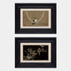 The Kansora Songbird Pearl & Branch 2-Set Framed Wall Art by Giant Sculptures features a hummingbird on a pearl necklace with clouds and three songbirds on a flowering branch, creating elegant botanical decor for any space.