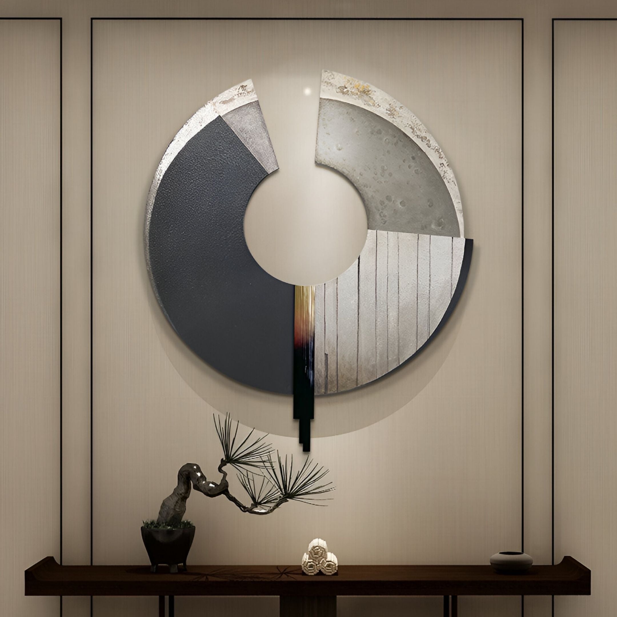 The Vortaryn Charcoal & Concrete Circle Sculptural 3D Wall Art by Giant Sculptures hangs above a dark wooden console, where a bonsai and two decor pieces complete the minimalist, modern look.