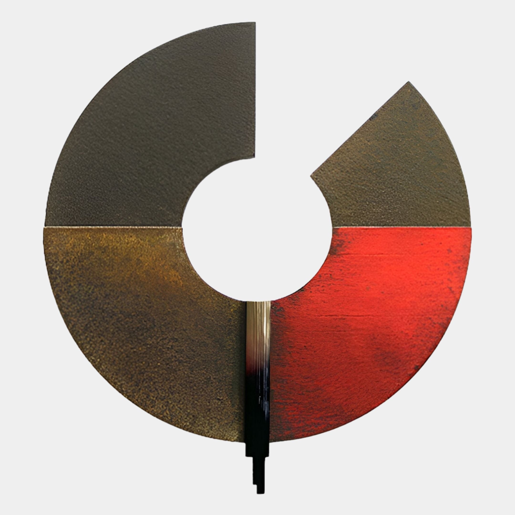 The Vortaryn Ember & Rust Circle Sculptural 3D Wall Art by Giant Sculptures features a pie chart-inspired design with four sections—three textured in dark brown and gold, one in bright red—set against a light gray background for modern 3D appeal.