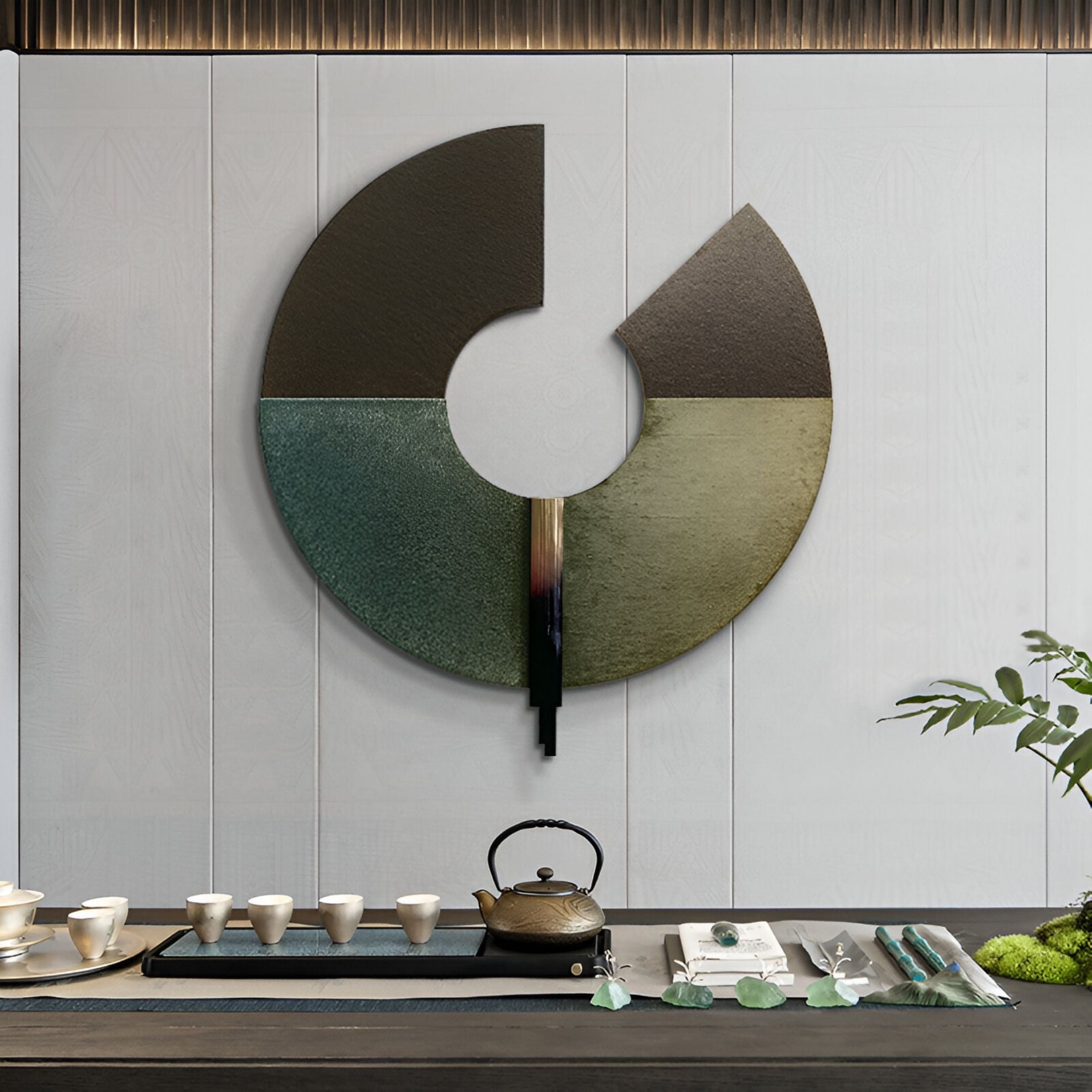 A modern tea set rests on a dark wooden table. Behind it, the Vortaryn Teal Patina & Bronze Circle Sculptural 3D Wall Art by Giant Sculptures decorates the light wall, while a green plant sits on the right.