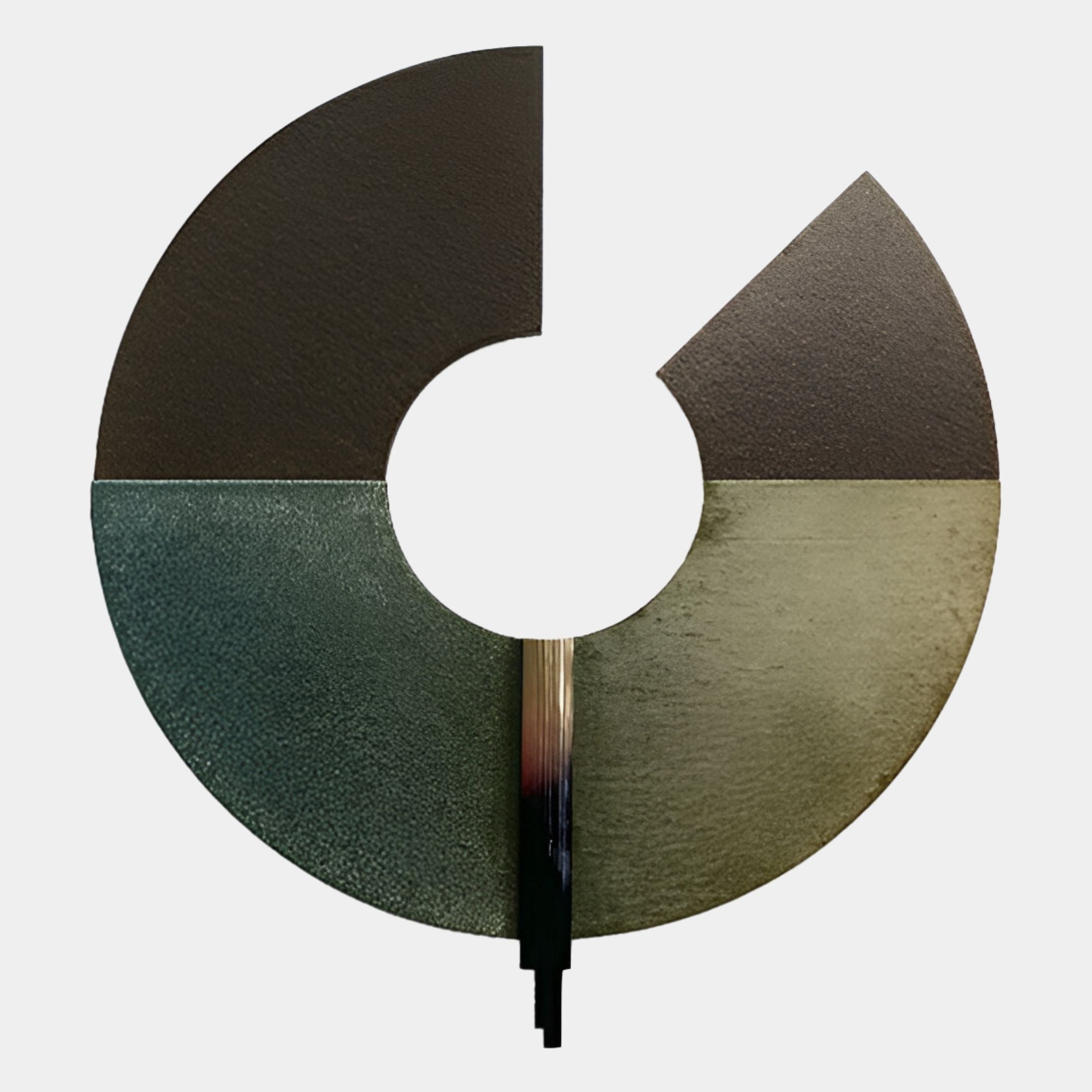 The Vortaryn Teal Patina & Bronze Circle Sculptural 3D Wall Art by Giant Sculptures features a bronze circle divided into four textured segments—dark brown, light brown, dark green, and olive—with a top-right wedge missing.