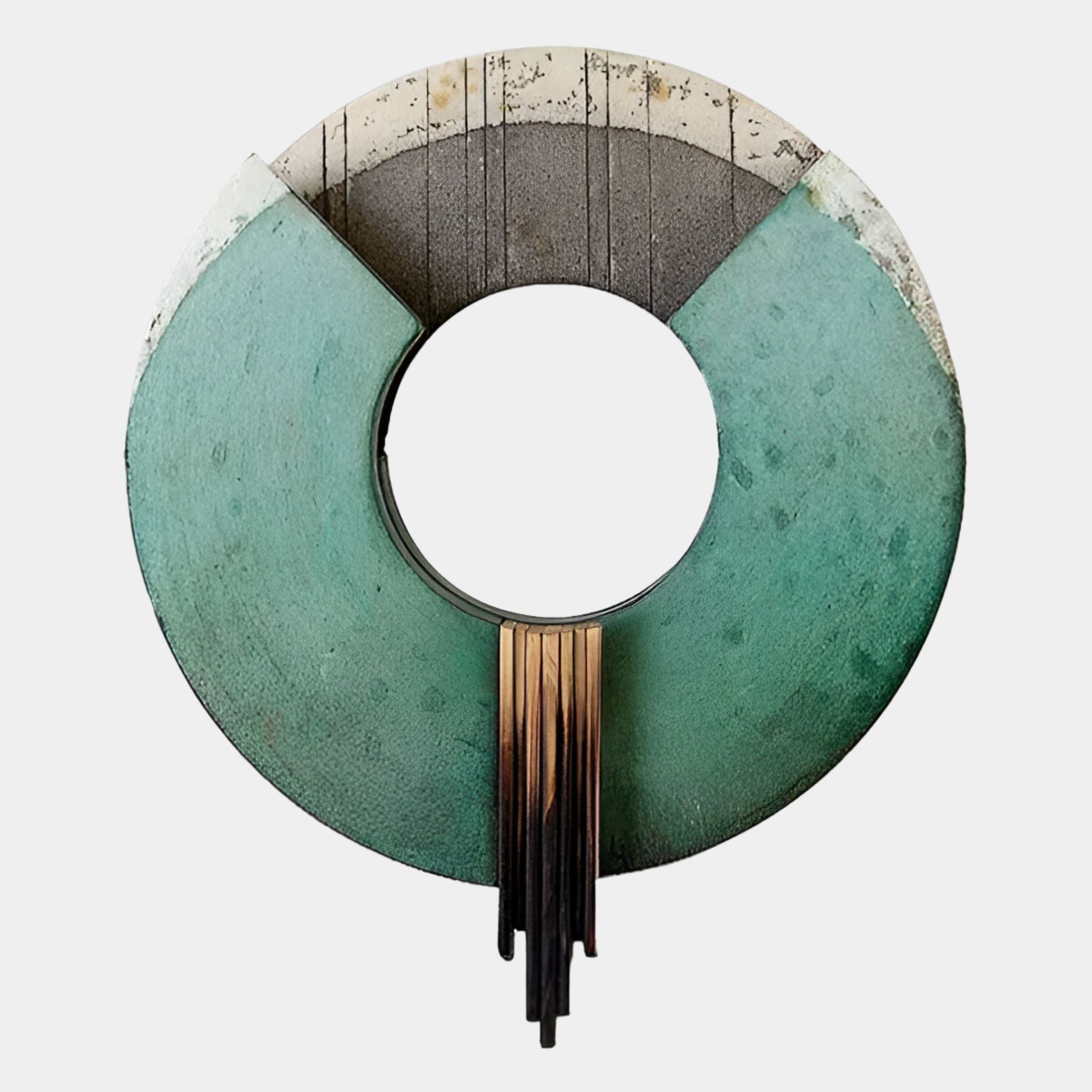 The Giant Sculptures Vortaryn Verdigris & Steel Circle Sculptural 3D Wall Art features a circular, abstract design with a central hole, green and gray verdigris texture, and copper-toned vertical metal accents.