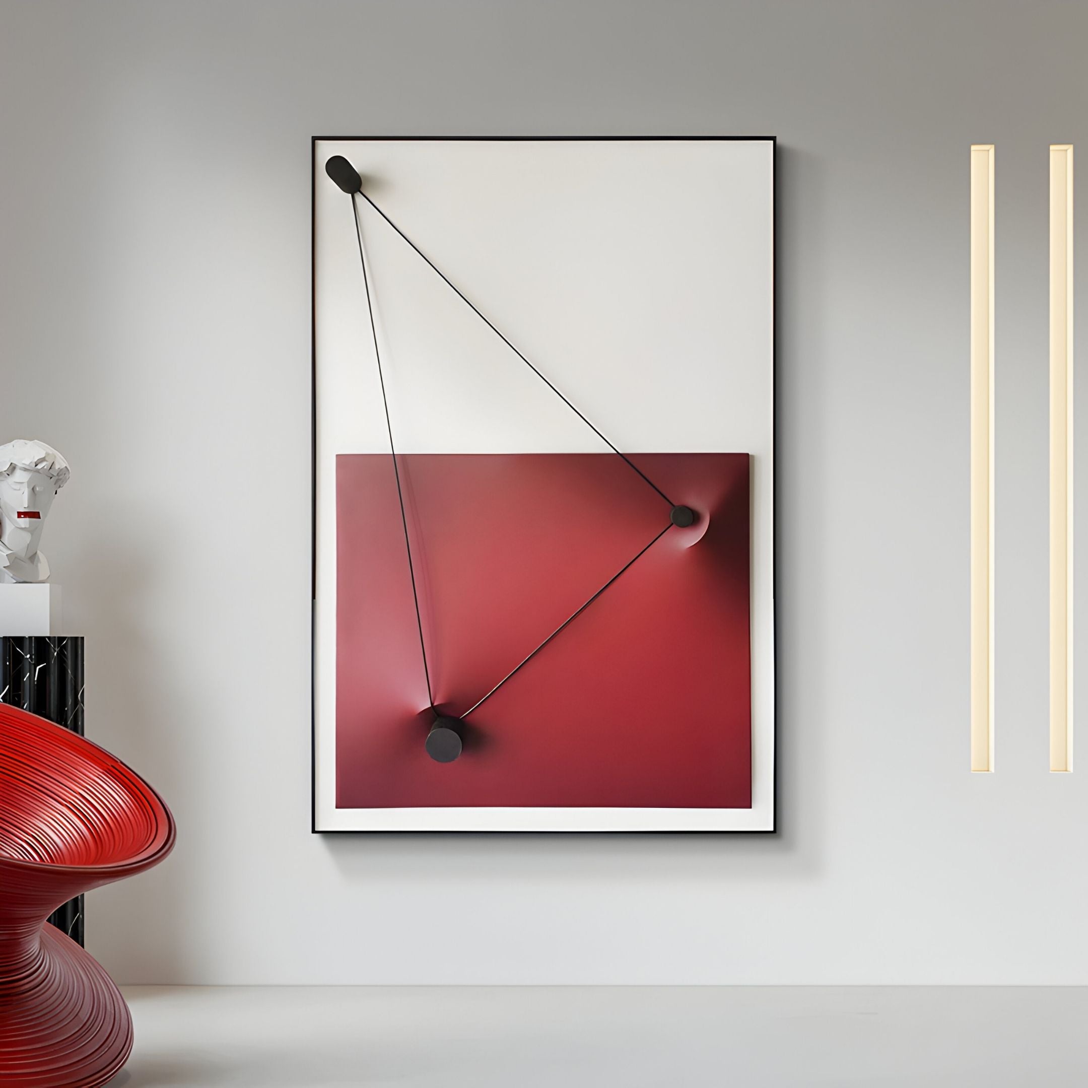 The Linexis Burgundy Geometric Linework 3D Wall Art by Giant Sculptures features modern abstract white and deep red hues with intersecting black lines and circular nodes, perfect for contemporary minimalistic spaces.