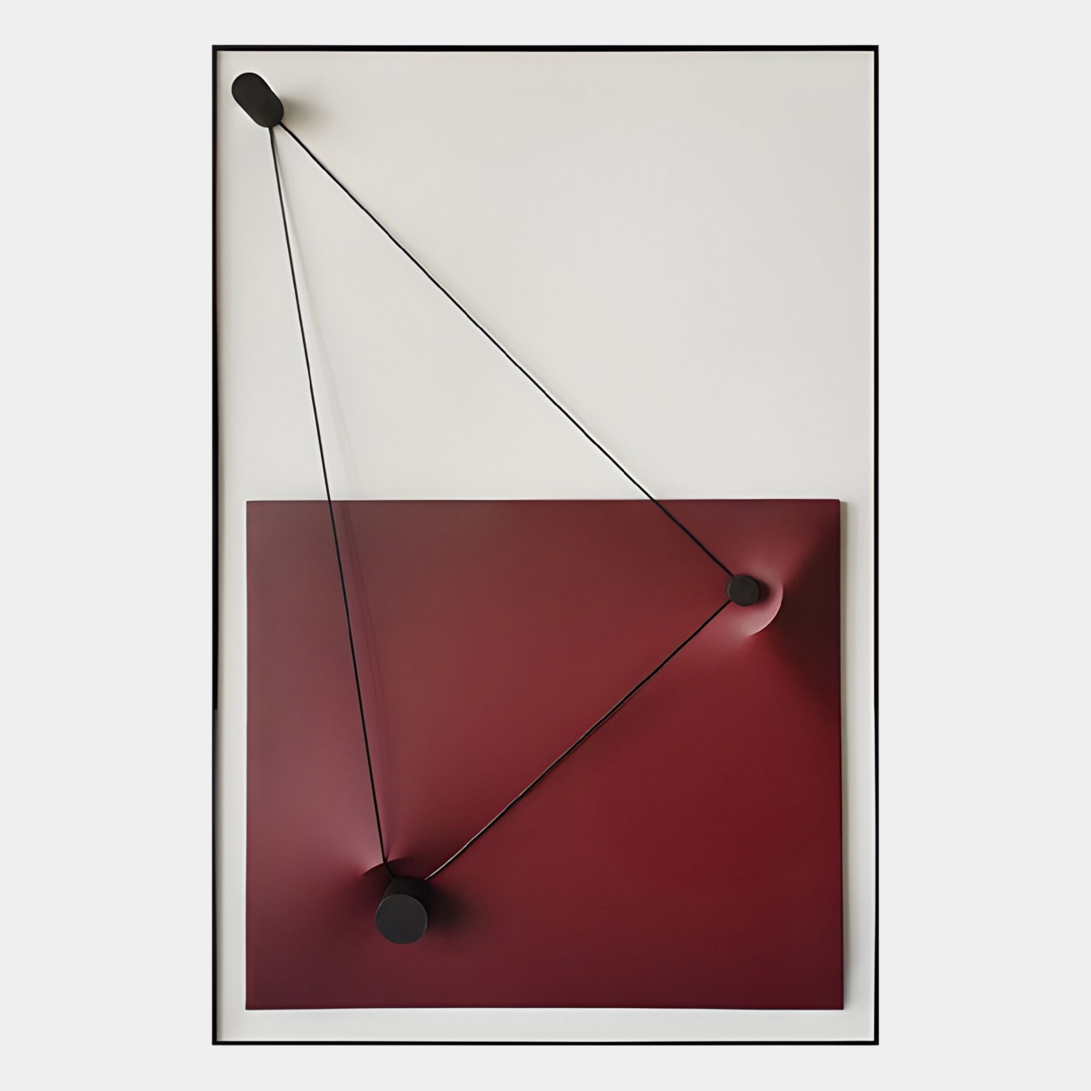 The Linexis Burgundy Geometric Linework 3D Wall Art by Giant Sculptures features a modern rectangular burgundy panel with three black circles linked by thin lines, creating bold minimalist wall decor against a white background.