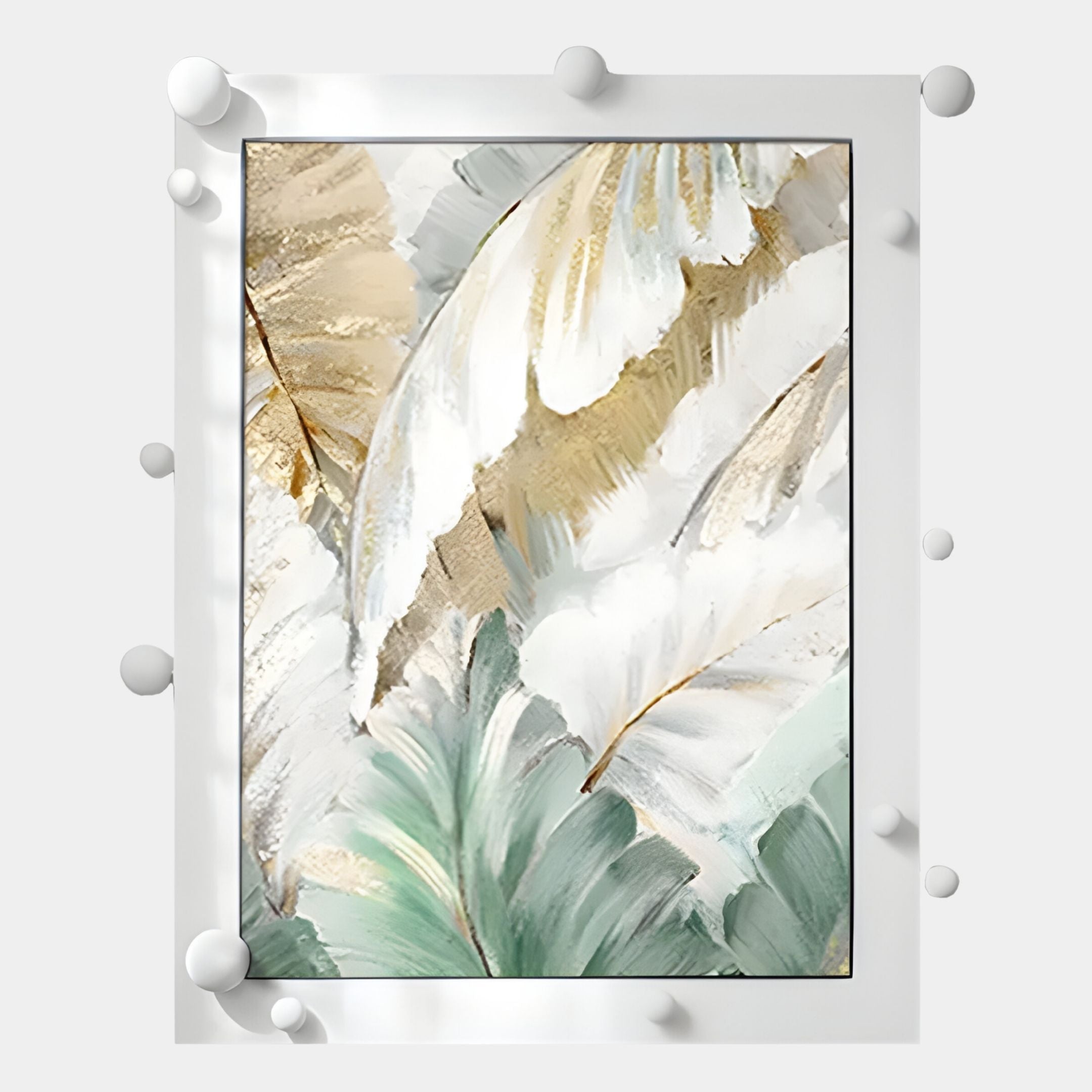 The Verdantia II Green & Gold Leaf Textured 3D Wall Art by Giant Sculptures displays overlapping beige, white, gold, and green leaves in a botanical abstract. Its white frame features small round 3D protrusions for extra texture.