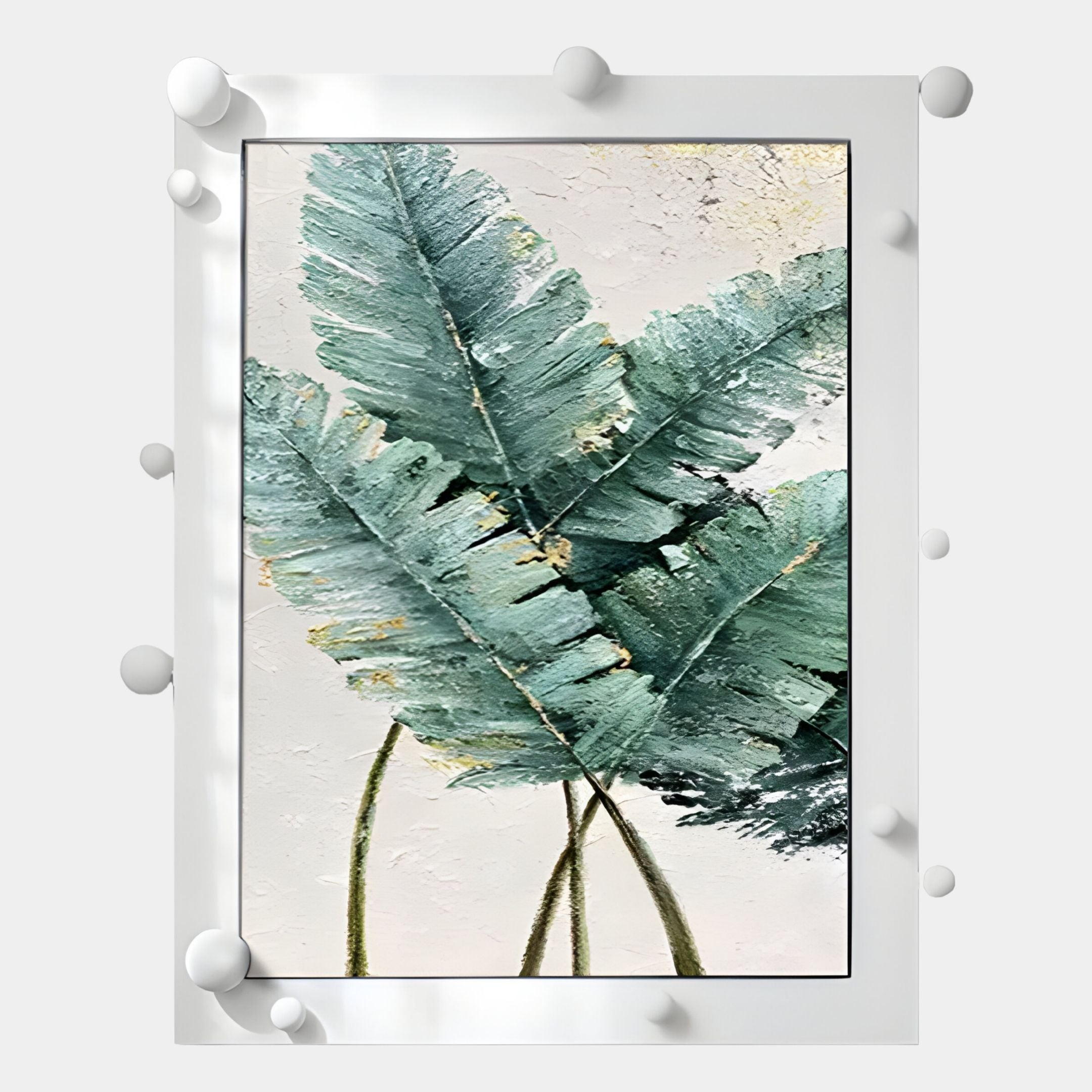Verdantia I Green Palm Leaf Textured 3D Wall Art by Giant Sculptures features three large green palm leaves with textured brushstrokes on a light background, framed in white with round accents for a modern 3D effect.