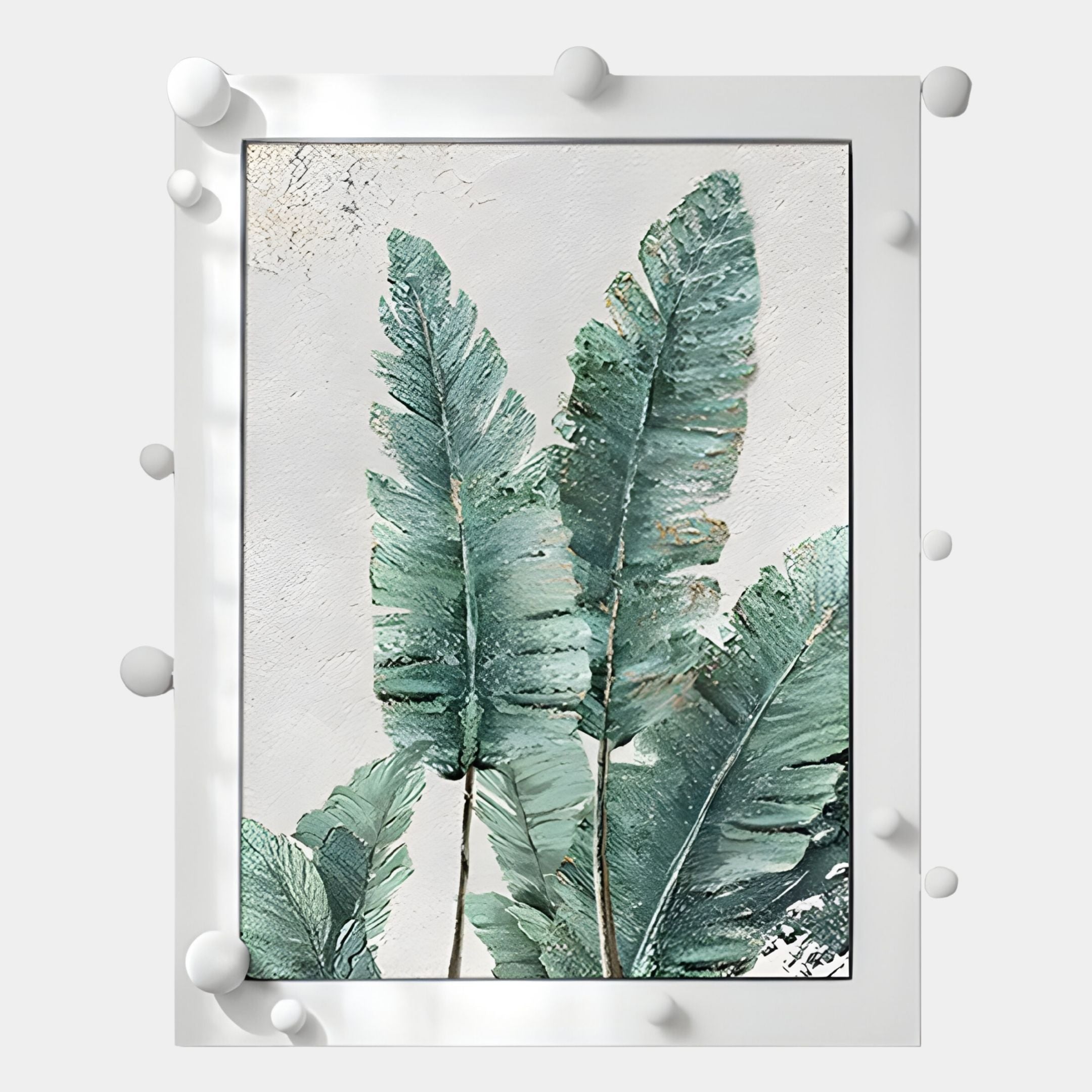The Verdantia II Green Palm Leaf Textured 3D Wall Art by Giant Sculptures features three large green palm leaves on a light background, framed in white with round, raised knobs for a unique textured look.