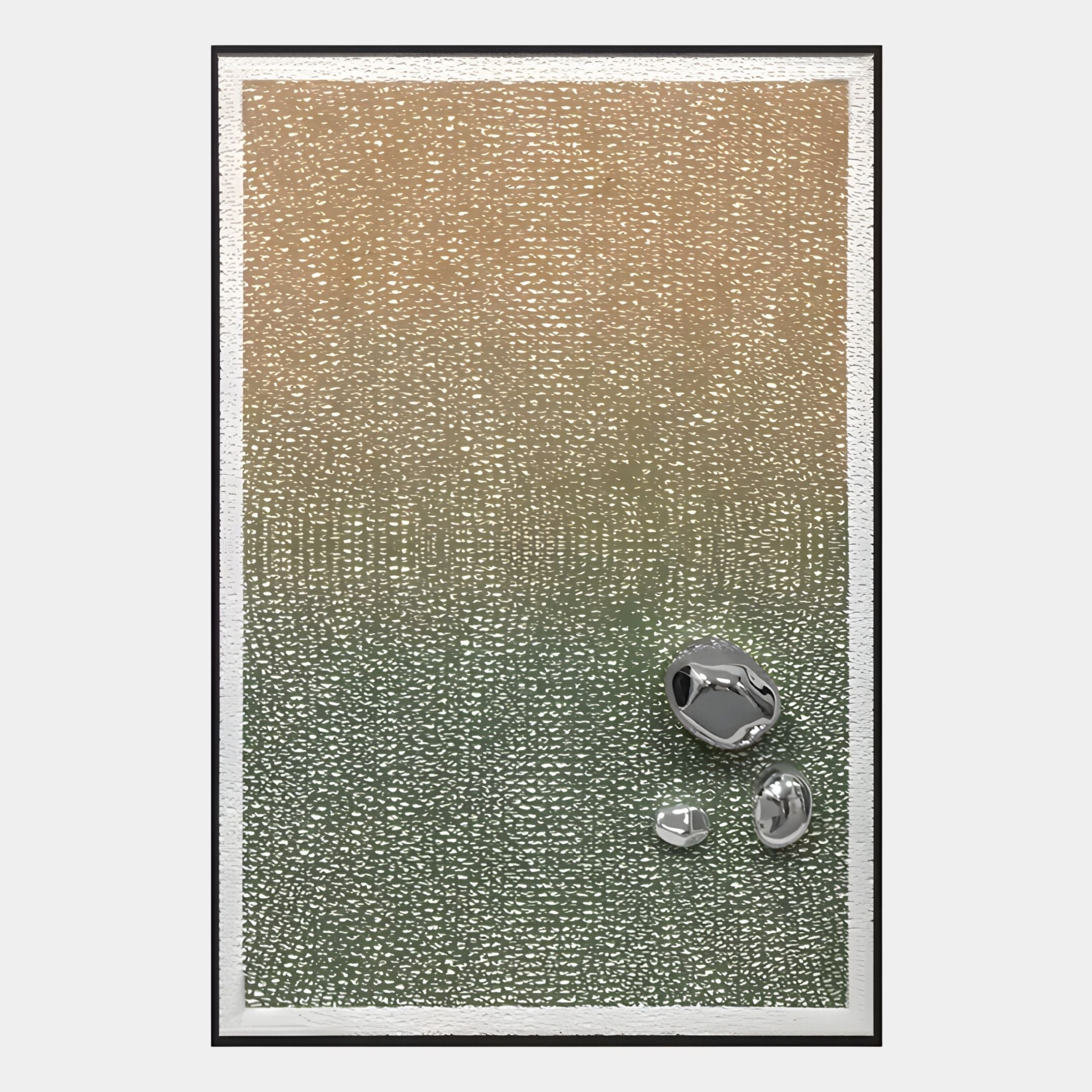 The Lumevara Sandstone Gradient & Chrome Droplet 3D Wall Art by Giant Sculptures features a modern abstract design with textured beige-to-green gradients and four chrome droplets clustered at the lower right for a bold metallic accent.