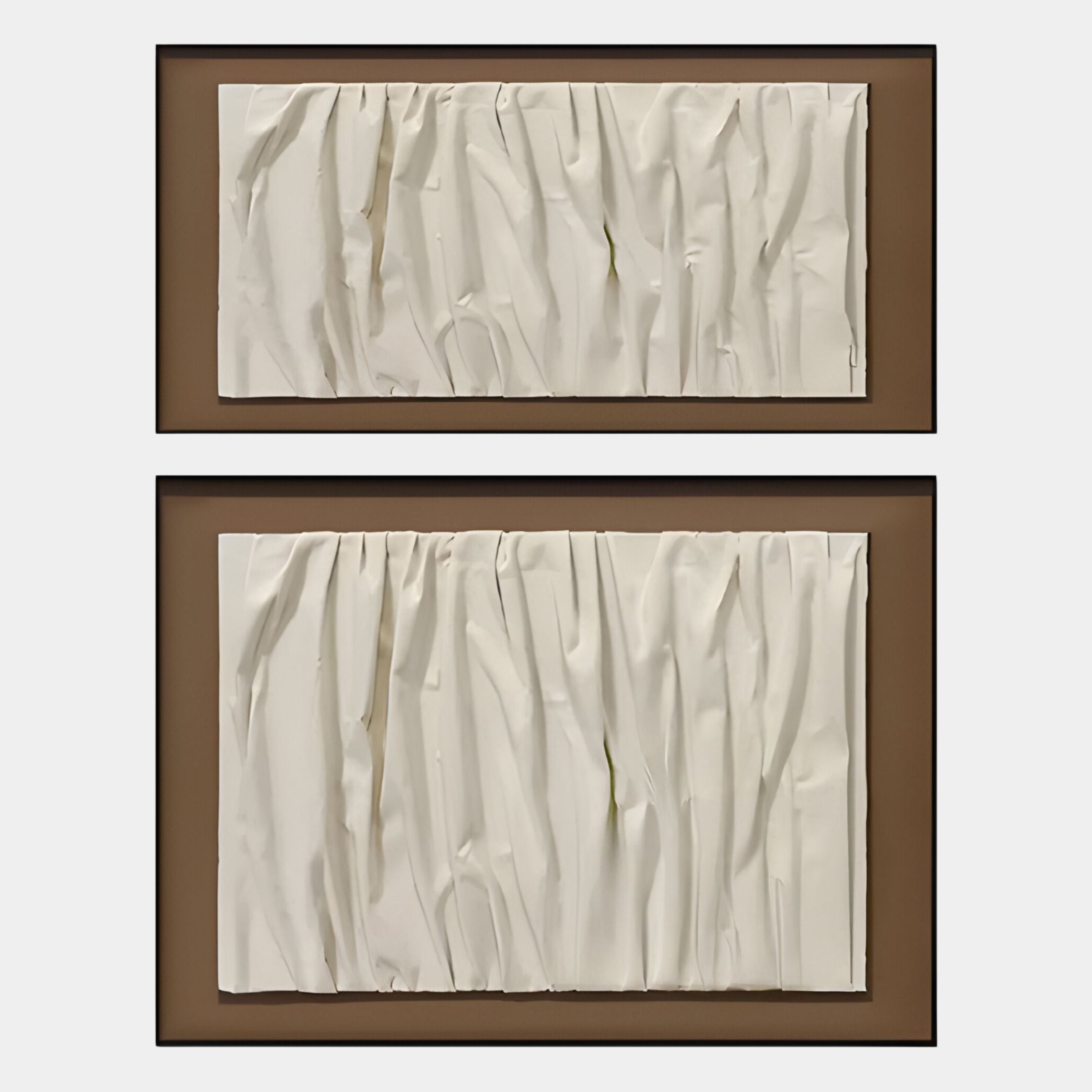 The Foldara Cream & Mocha Draped Paper Dual-Panel 3D Wall Art by Giant Sculptures features two vertically aligned rectangular frames with crumpled, textured white material on a mocha background, creating an abstract look.