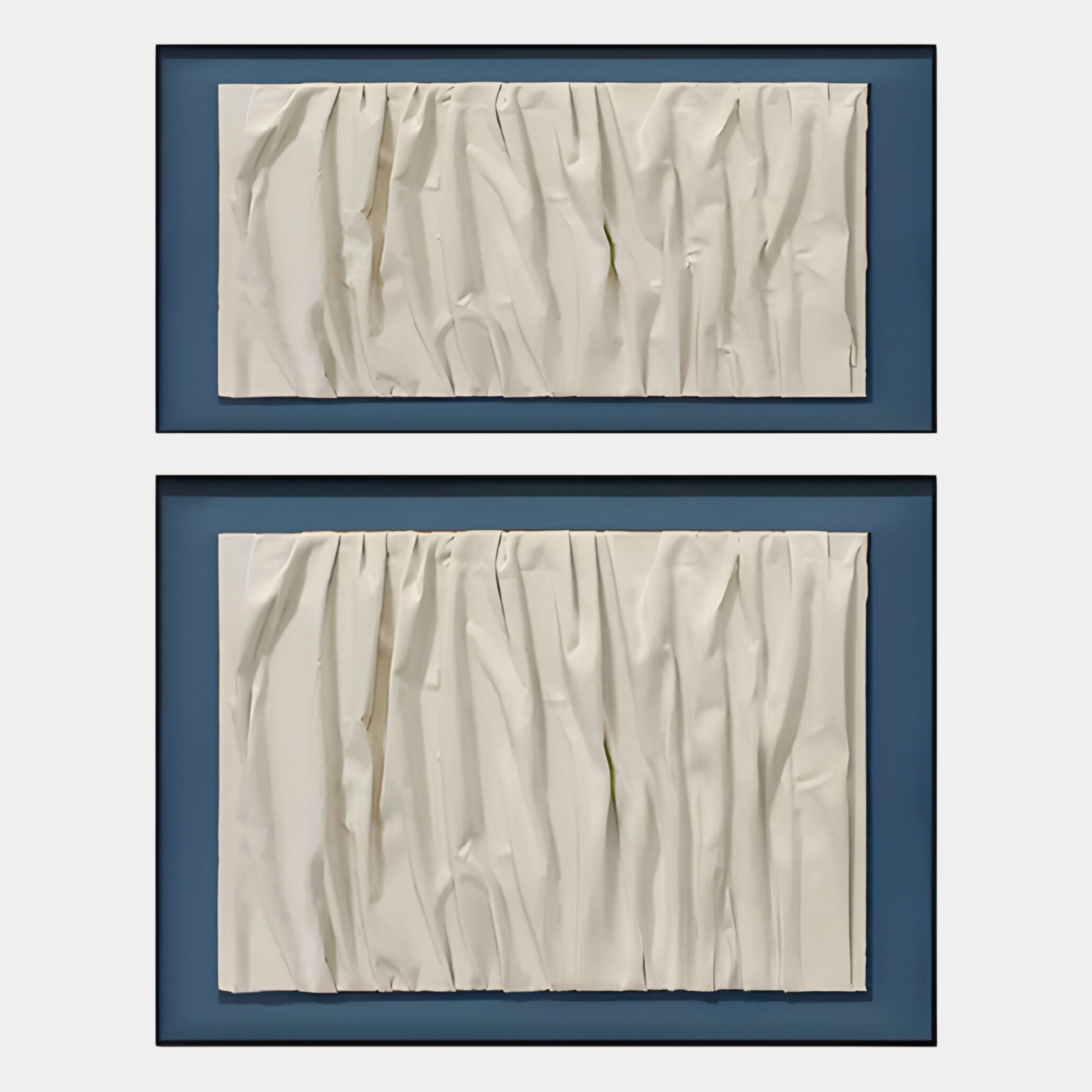 The Foldara Cream & Blue Draped Paper Dual-Panel 3D Wall Art by Giant Sculptures features two rectangular frames with crumpled, textured white surfaces and a blue backdrop, artfully arranged vertically for added depth.