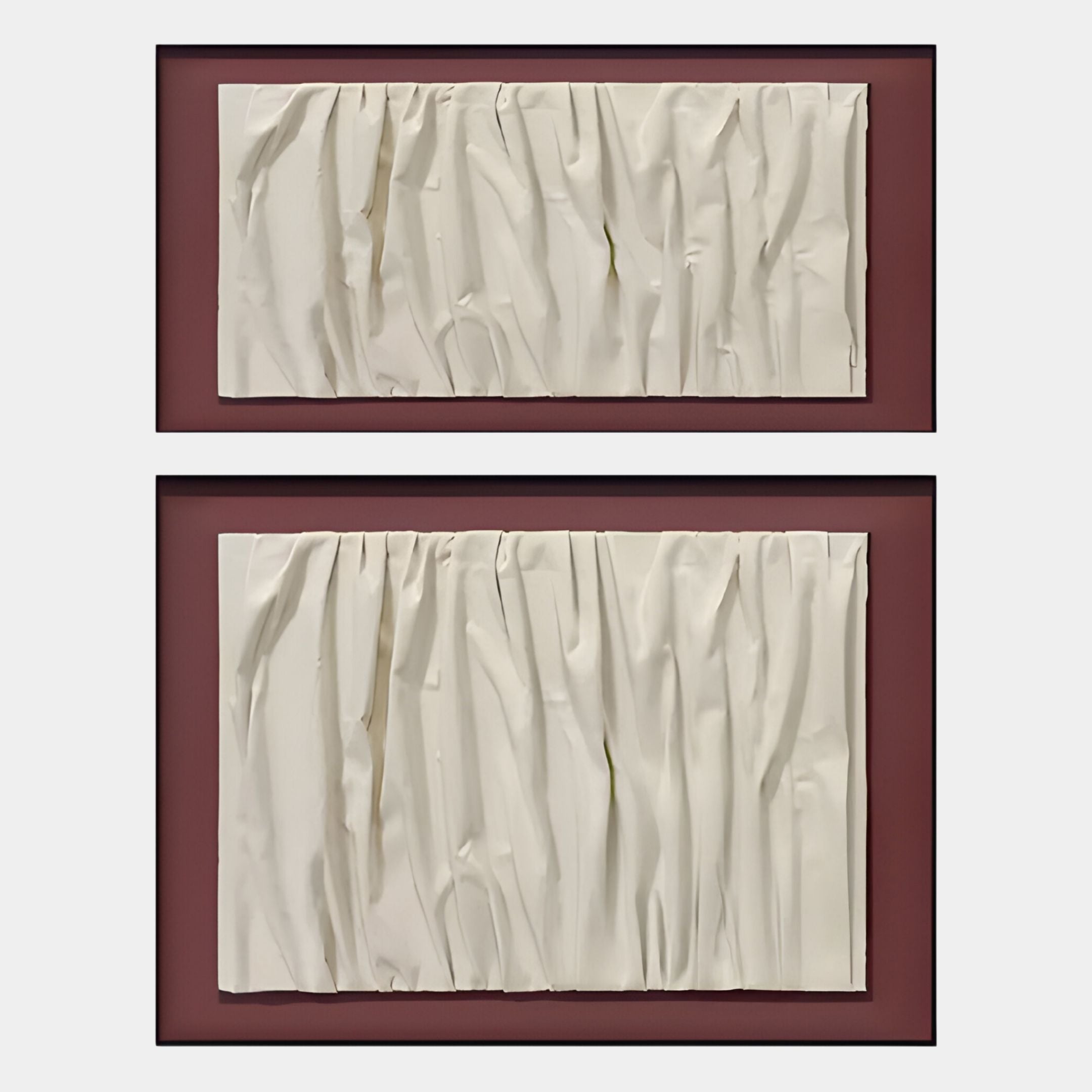 The Foldara Cream & Burgundy Draped Paper Dual-Panel 3D Wall Art by Giant Sculptures features two textured, cream panels framed in burgundy and stacked vertically, creating striking wabi-sabi decor with a sculptural touch.