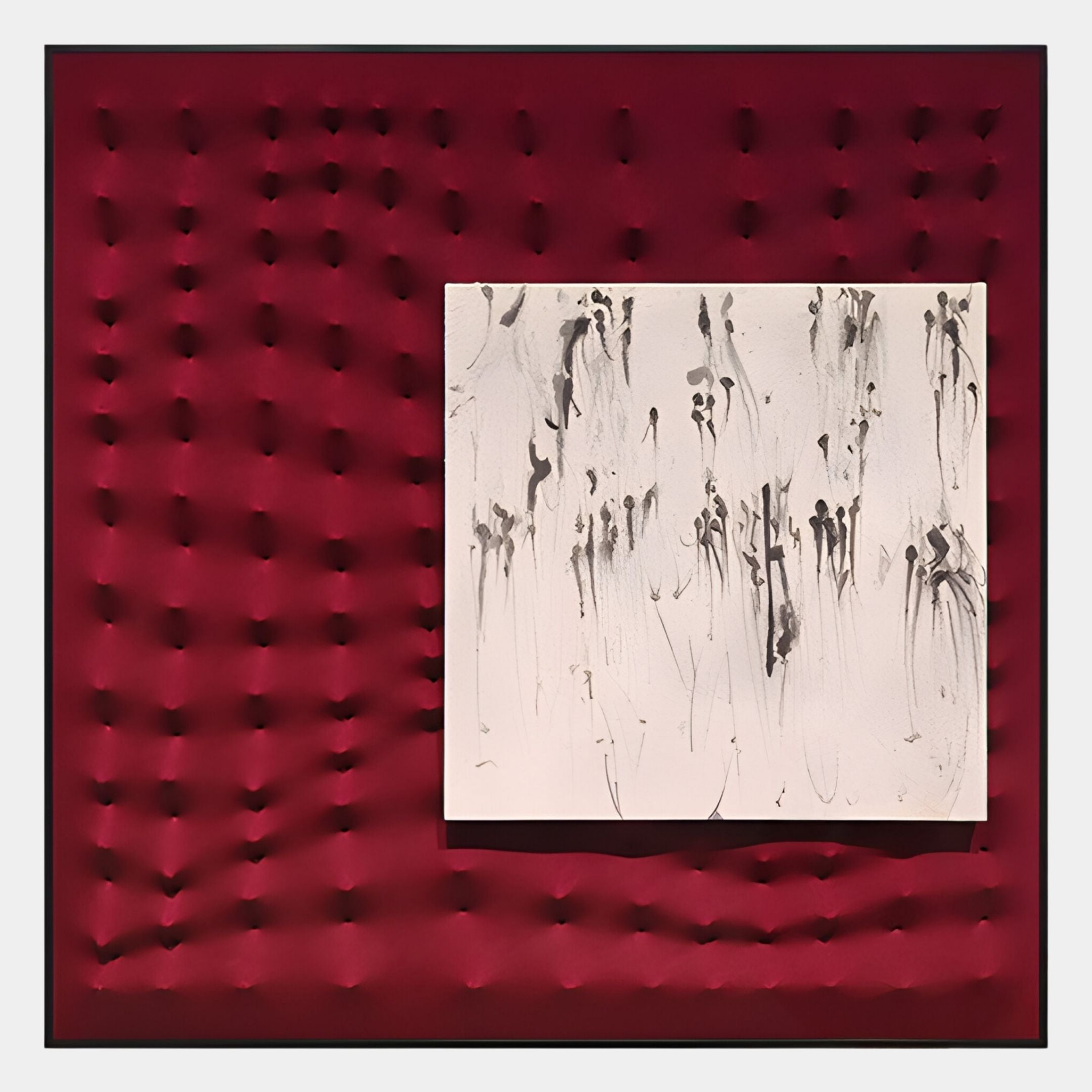 Giant Sculptures’ Loftera Crimson Sculpted Fabric & Abstract Canvas 3D Wall Art features a square black and gray abstract canvas on a deep red, textured backdrop with raised bumps for bold contrast and striking dimensional appeal.