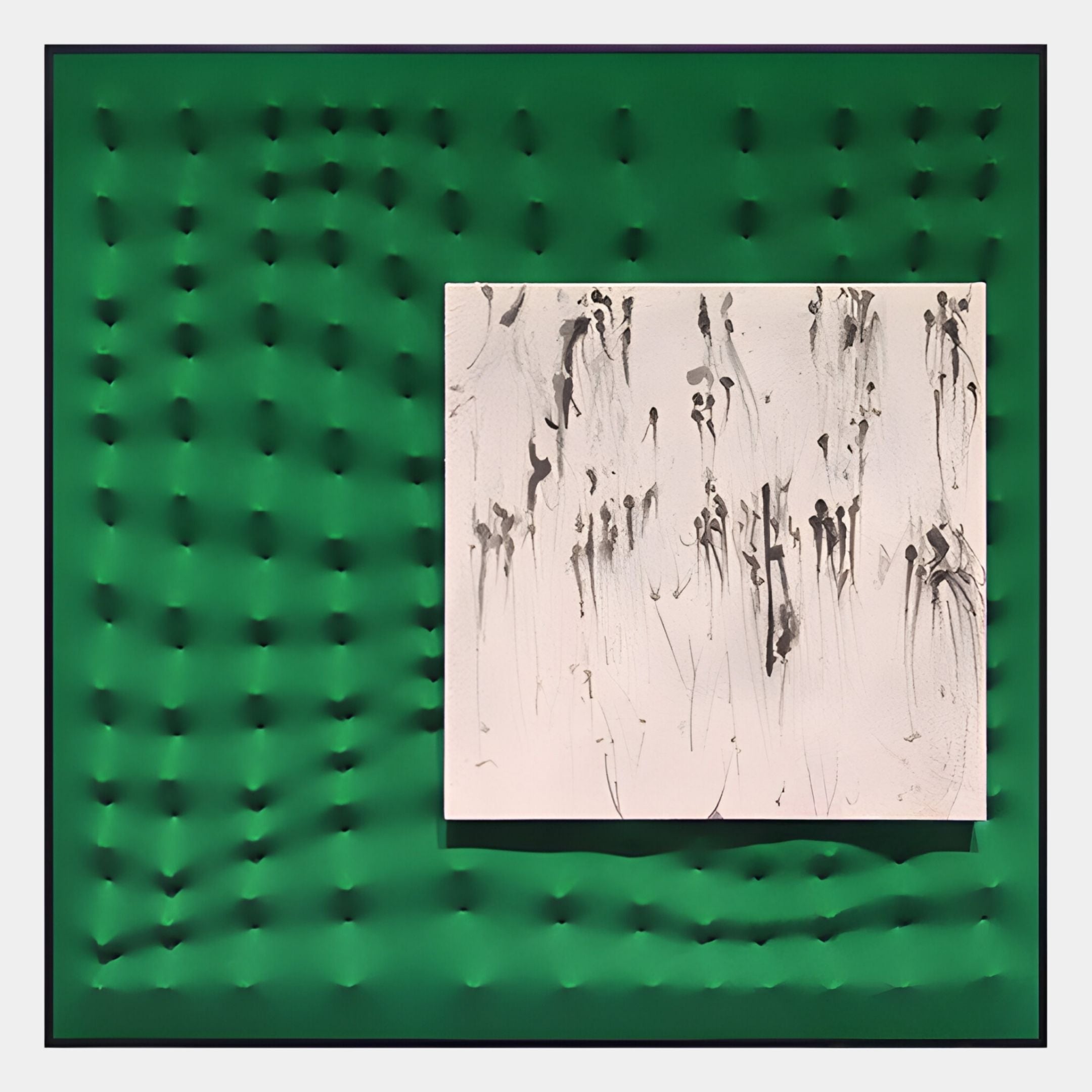 The Loftera Green Sculpted Fabric & Abstract Canvas 3D Wall Art by Giant Sculptures features a green textured surface with raised bumps and a white canvas with black and gray abstract streaks, making a bold piece of abstract wall décor.