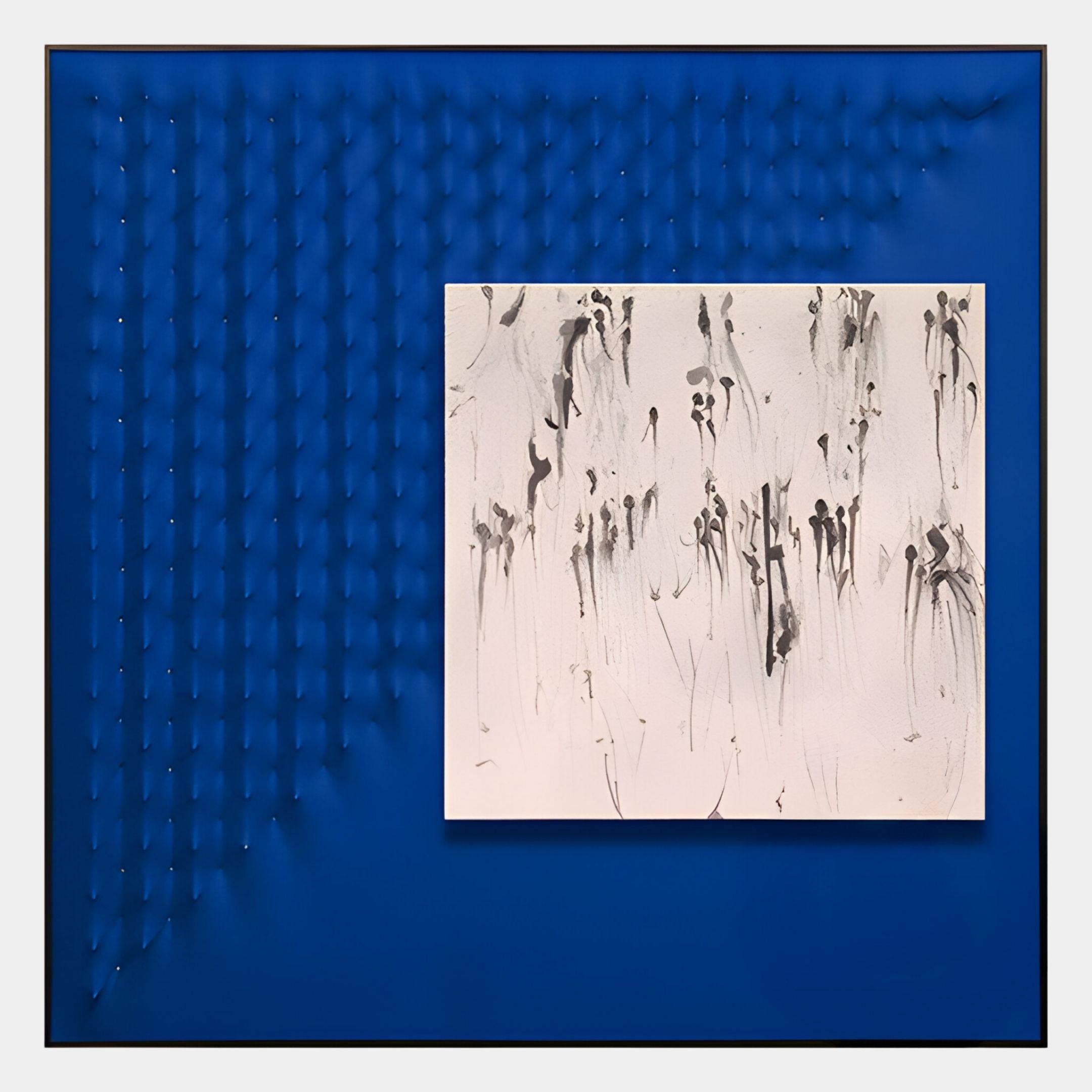 The Loftera Blue Grid Sculpted Fabric & Abstract Canvas 3D Wall Art by Giant Sculptures features a blue background, white square with black brushstrokes, and metallic pegs in a triangular grid for striking abstract canvas wall art.