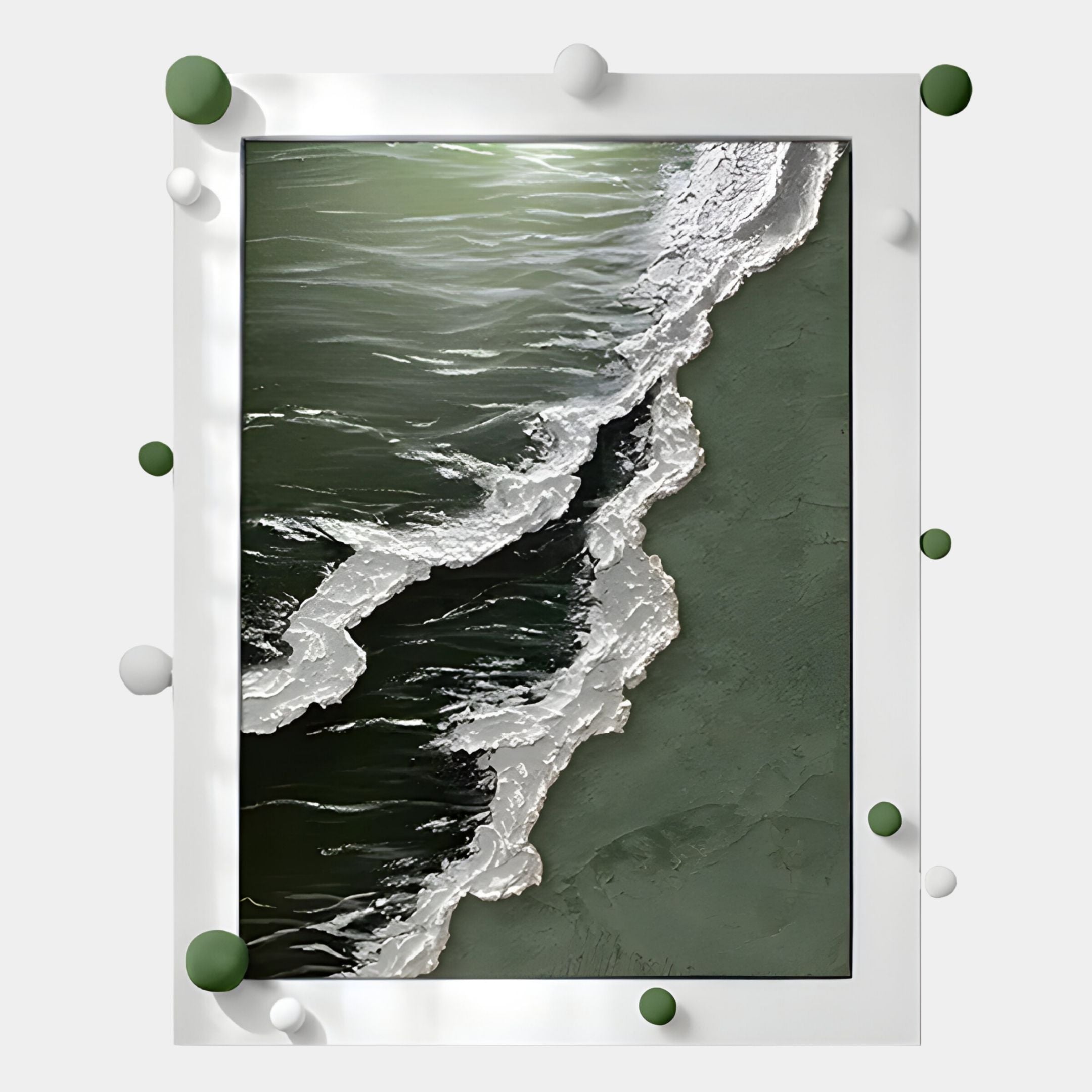 The Giant Sculptures Vivexa Green Shoreline Textured Ocean Abstract 3D Wall Art features green waves, white foam, and unique round green and white spheres for a stylish coastal touch.