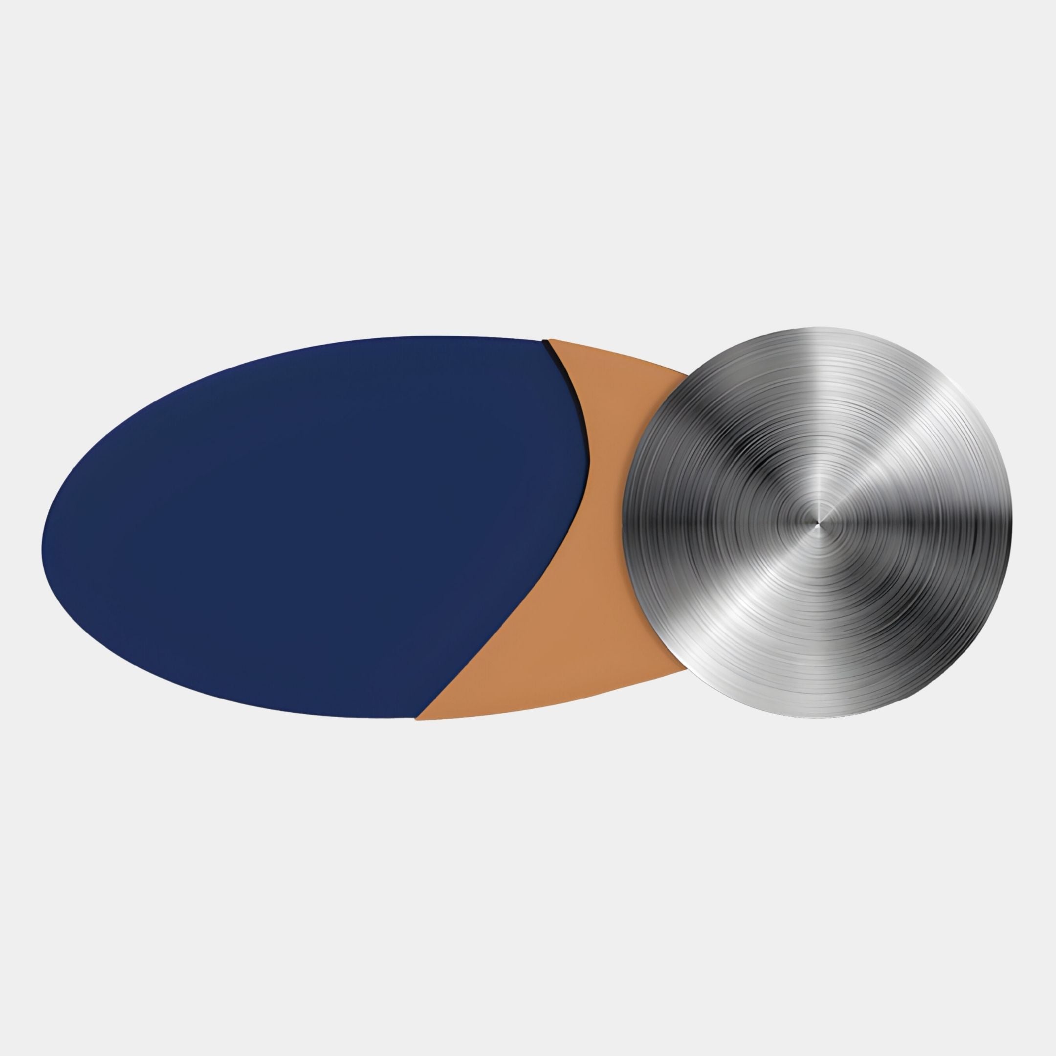 The Aurelune Midnight Blue & Tan Silver Metal Disc 3D Wall Art by Giant Sculptures features a navy oval, tan wedge, and silver disc with brushed lines—ideal modern abstract décor for contemporary interiors.