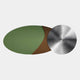 The Aurelune Olive & Brown Silver Metal Disc 3D Wall Art by Giant Sculptures features a large green oval, a smaller brown curve, and a metallic disc with concentric patterns—creating striking visual interest on any plain white wall.