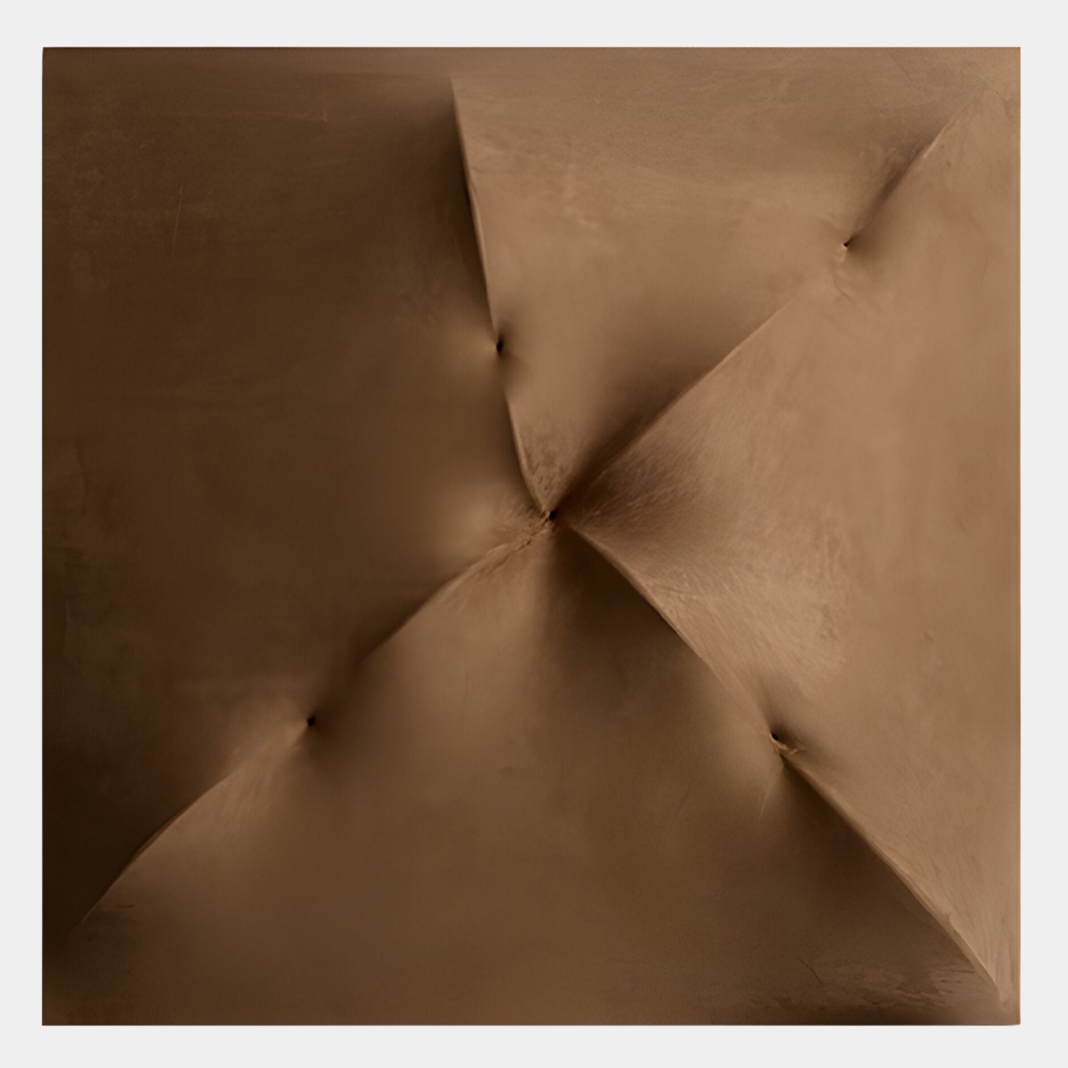 The Veylora Umber Folded Texture Fabric 3D Wall Art by Giant Sculptures features a brown padded surface with deep folds and four tufted points, offering an elegant, minimalist geometric pattern and rich fabric texture for your walls.