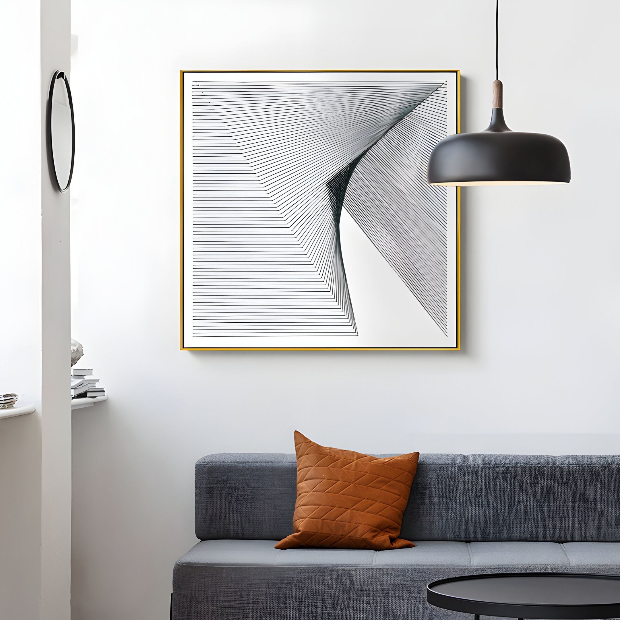 A modern living room with a gray sofa, an orange textured pillow, a black pendant lamp, and Giant Sculptures' LineaFlux Deep Teal Thread Warp Geometric 3D Wall Art adds style to the white wall.